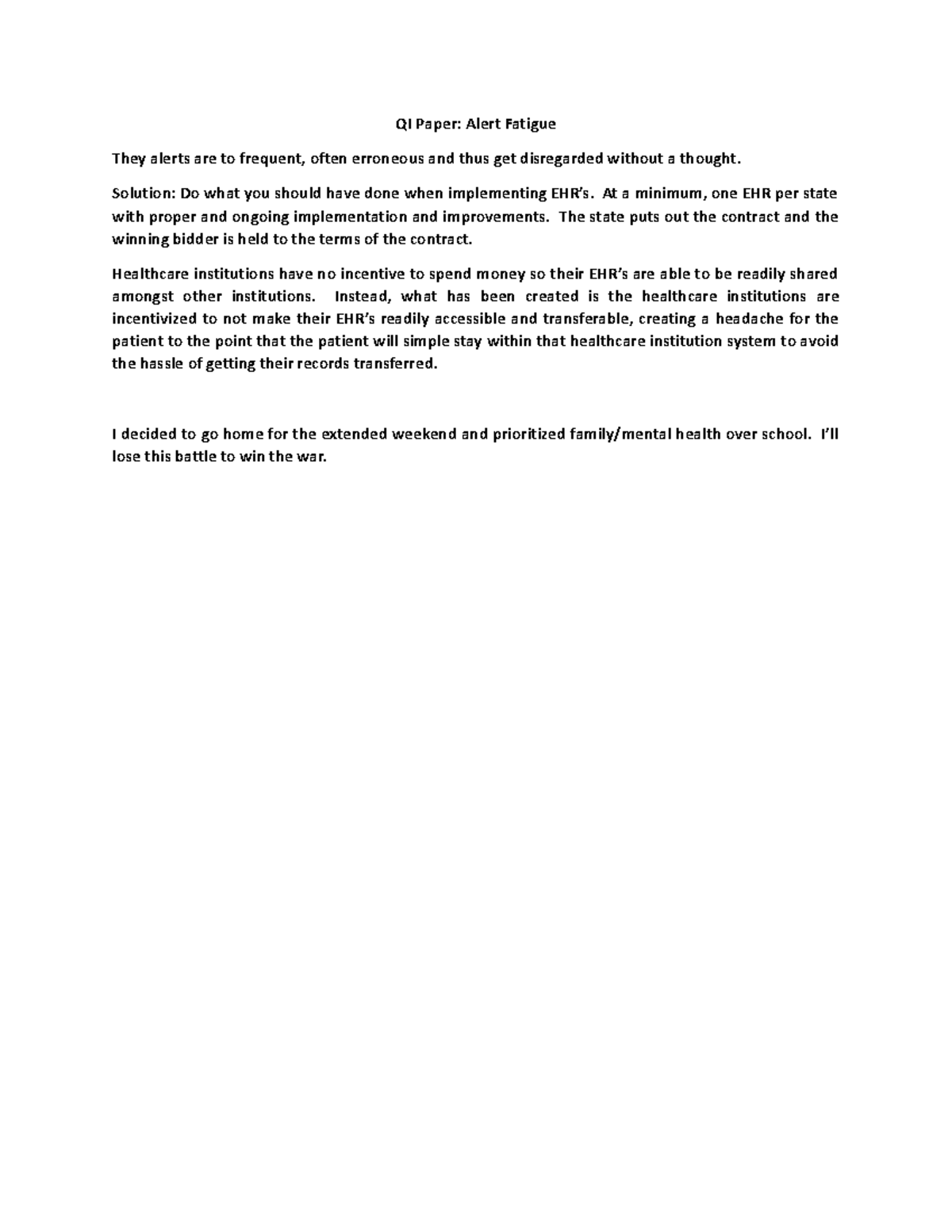 QI Paper Leadership - QI Paper: Alert Fatigue They alerts are to ...