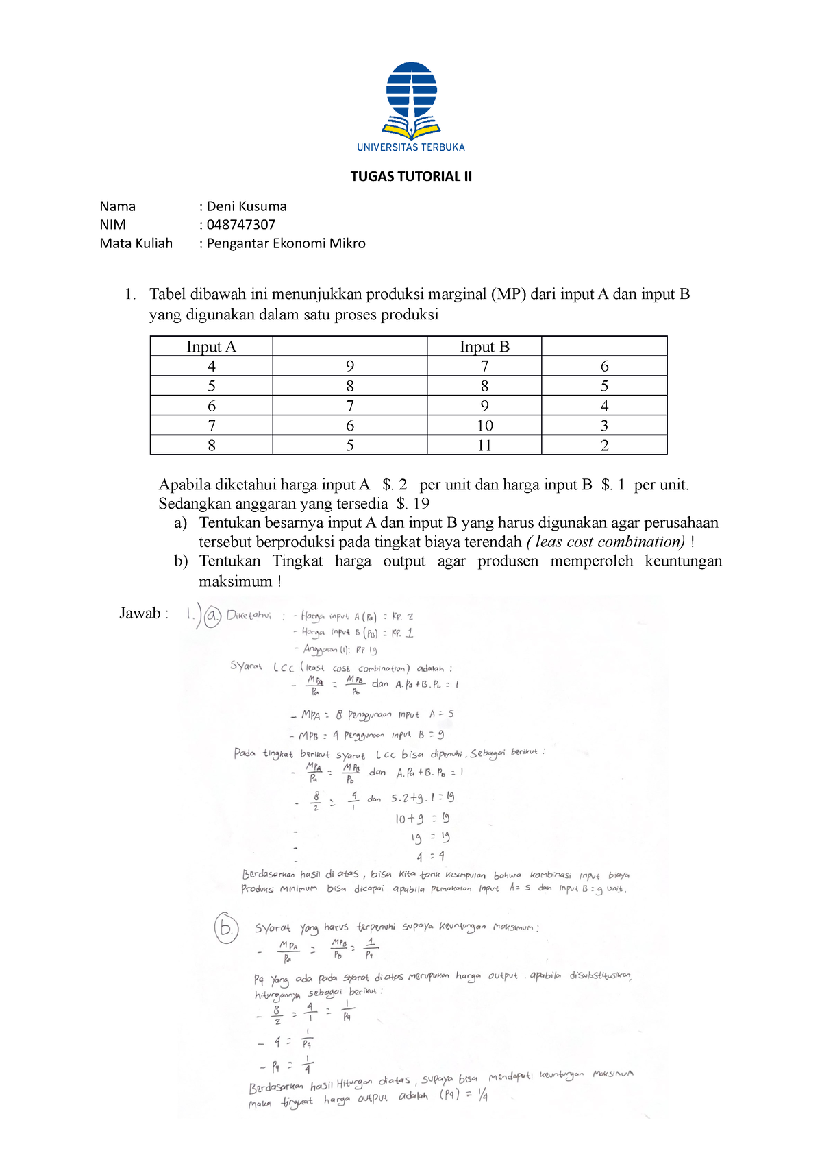 Tugas Tutorial KE 2 Pengantar Ekonomi Mikro DENI Kusuma 048747307 ...