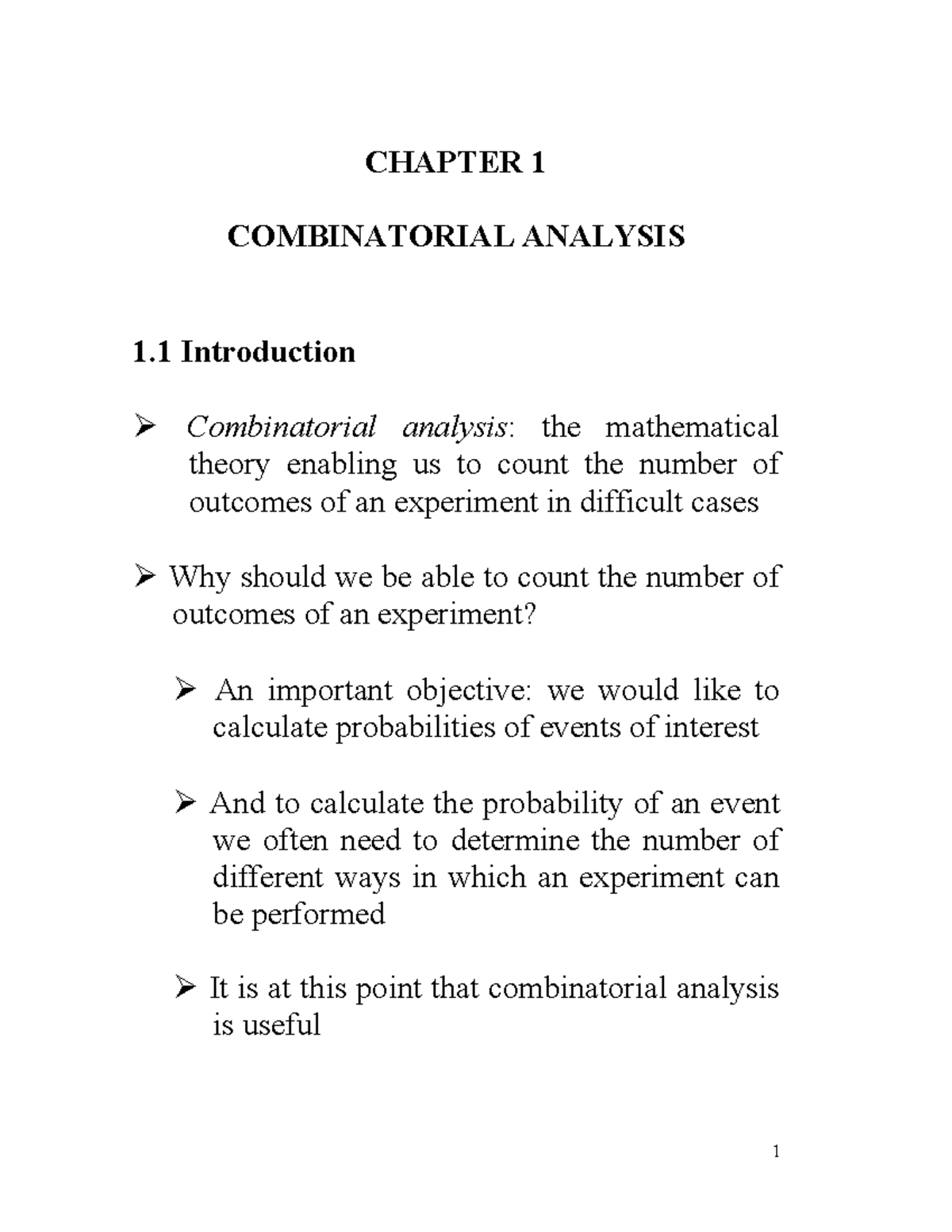 Chapter 1 summary - chpt 1 - CHAPTER 1 COMBINATORIAL ANALYSIS 1 ...