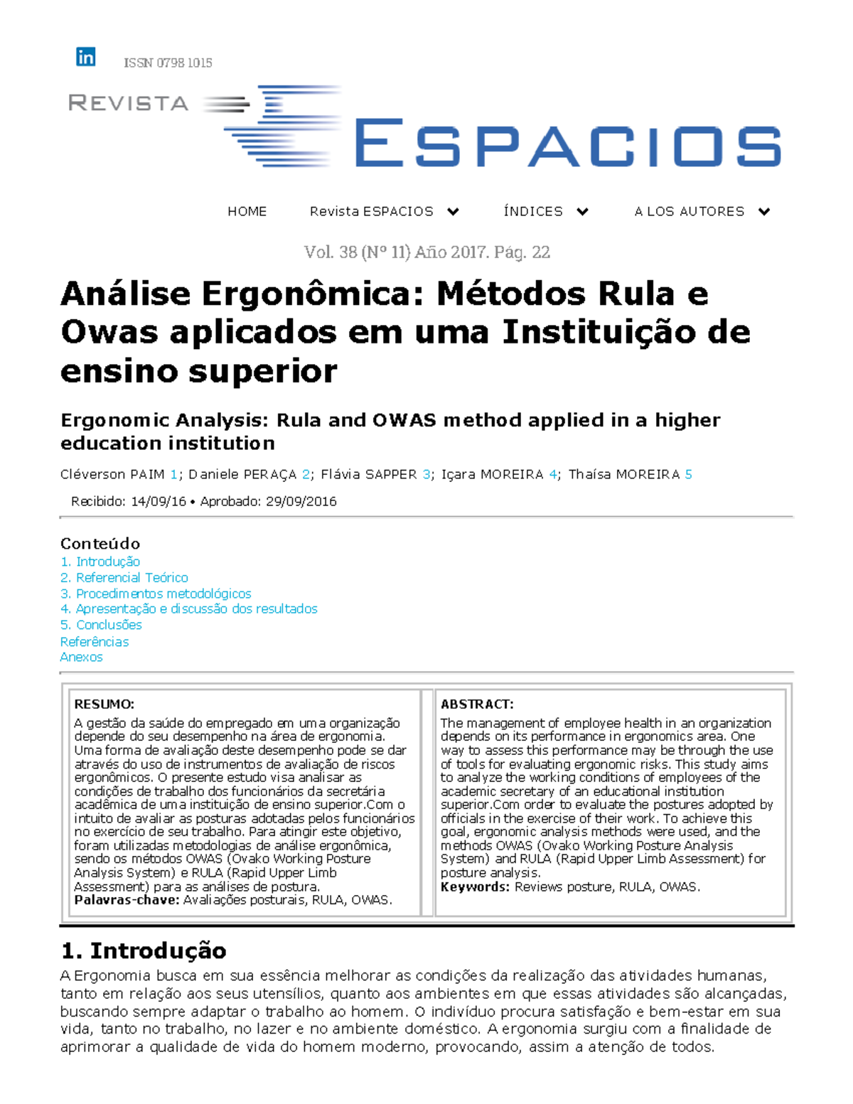 Metodo Rula - Ergonomia - ISSN 0798 1015 HOME Revista ESPACIOS ÍNDICES ...