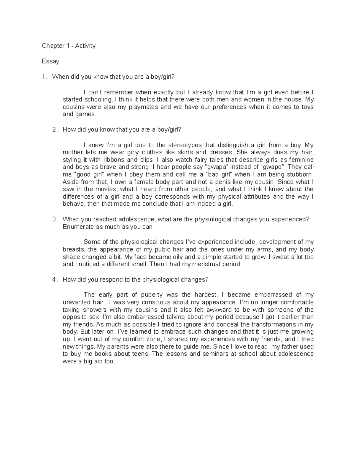 Chapter 1 - Activity - Gender and Society - Chapter 1 - Activity Essay ...