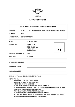 Test 1 MAA00A1 memo-1 - Memorandum - FACULTY OF SCIENCE DEPARTMENT OF ...