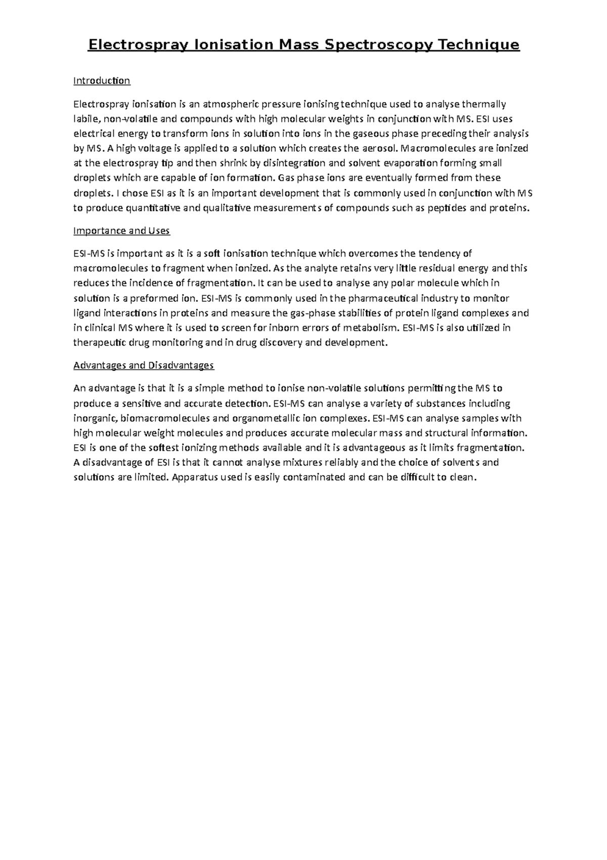Electrospray Ionisation Mass Spectrometry - ESI uses electrical energy ...