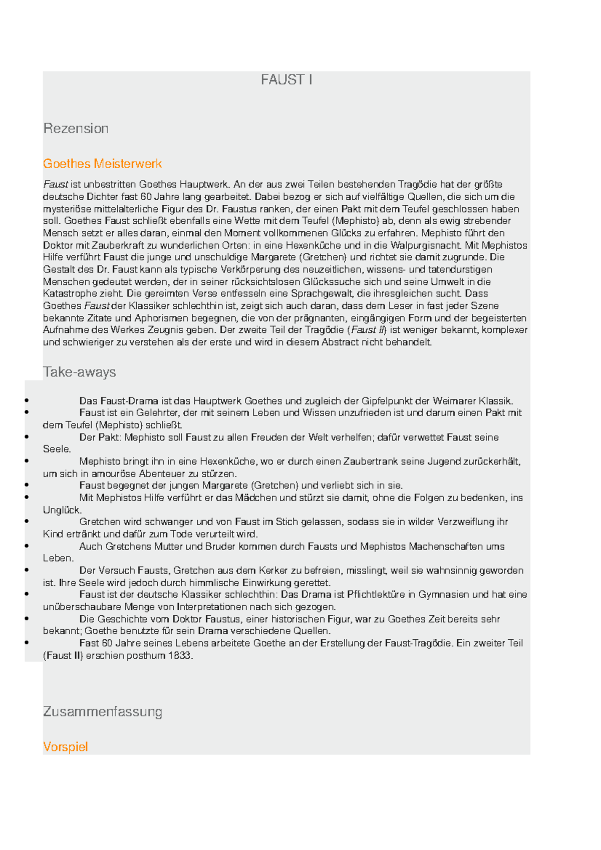 Faust I Zusammenfassung + Analyse FAUST I Rezension Goethes