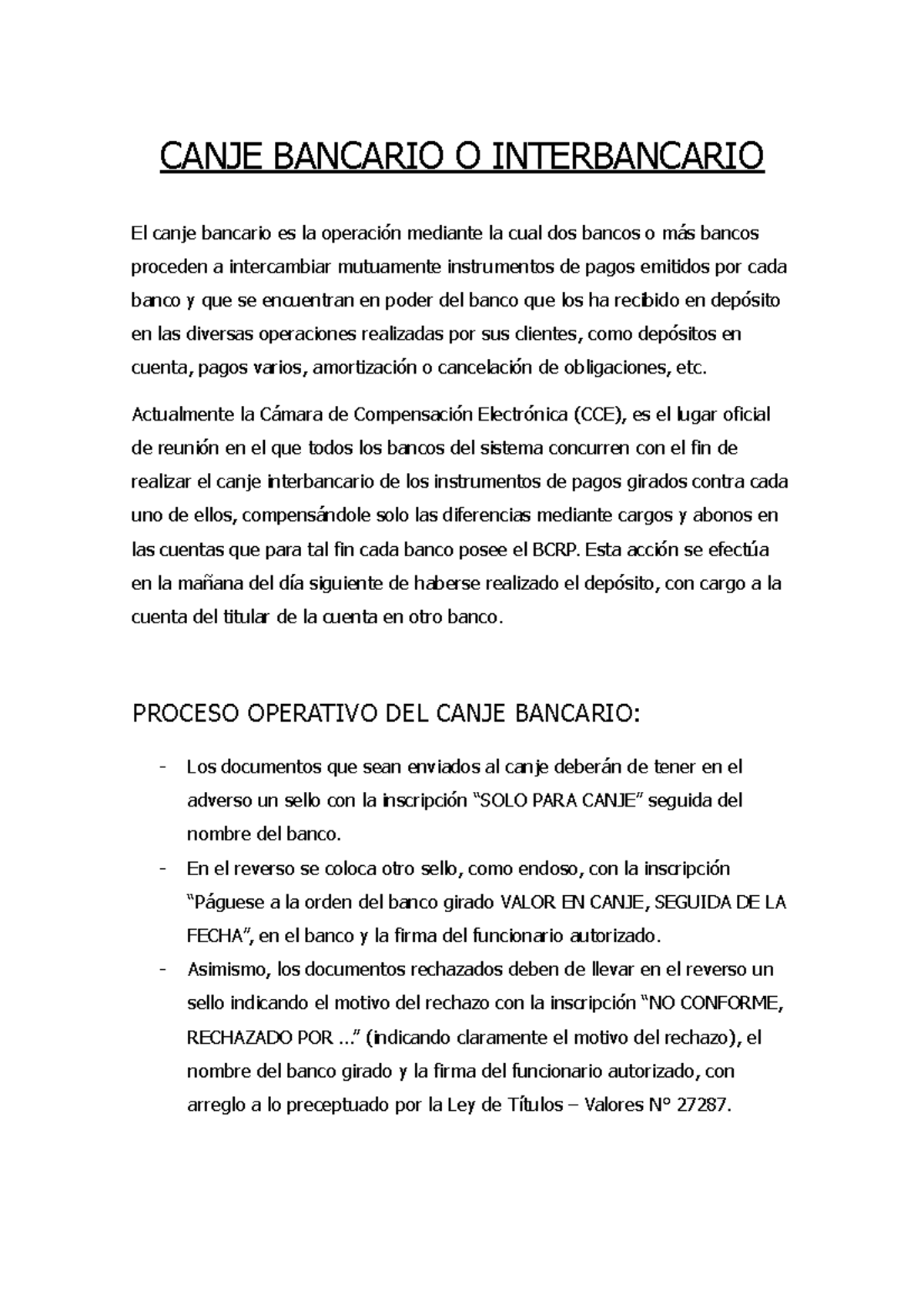 Canje - whjdskuuyawkdbhuhj - CANJE BANCARIO O INTERBANCARIO El canje ...