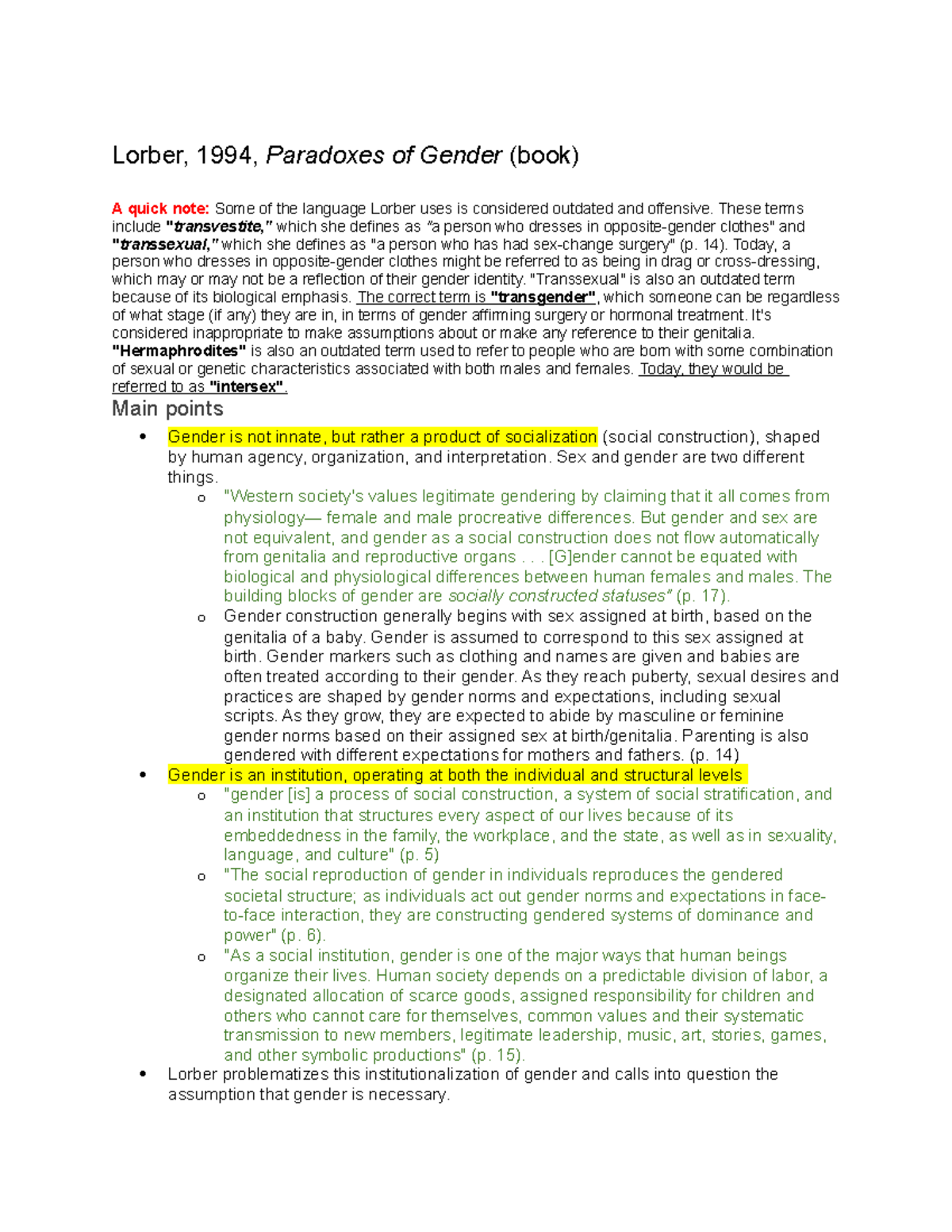 Lorber Paradoxes Of Gender Outline Notes And Quotes Lorber 1994 Paradoxes Of Gender Book