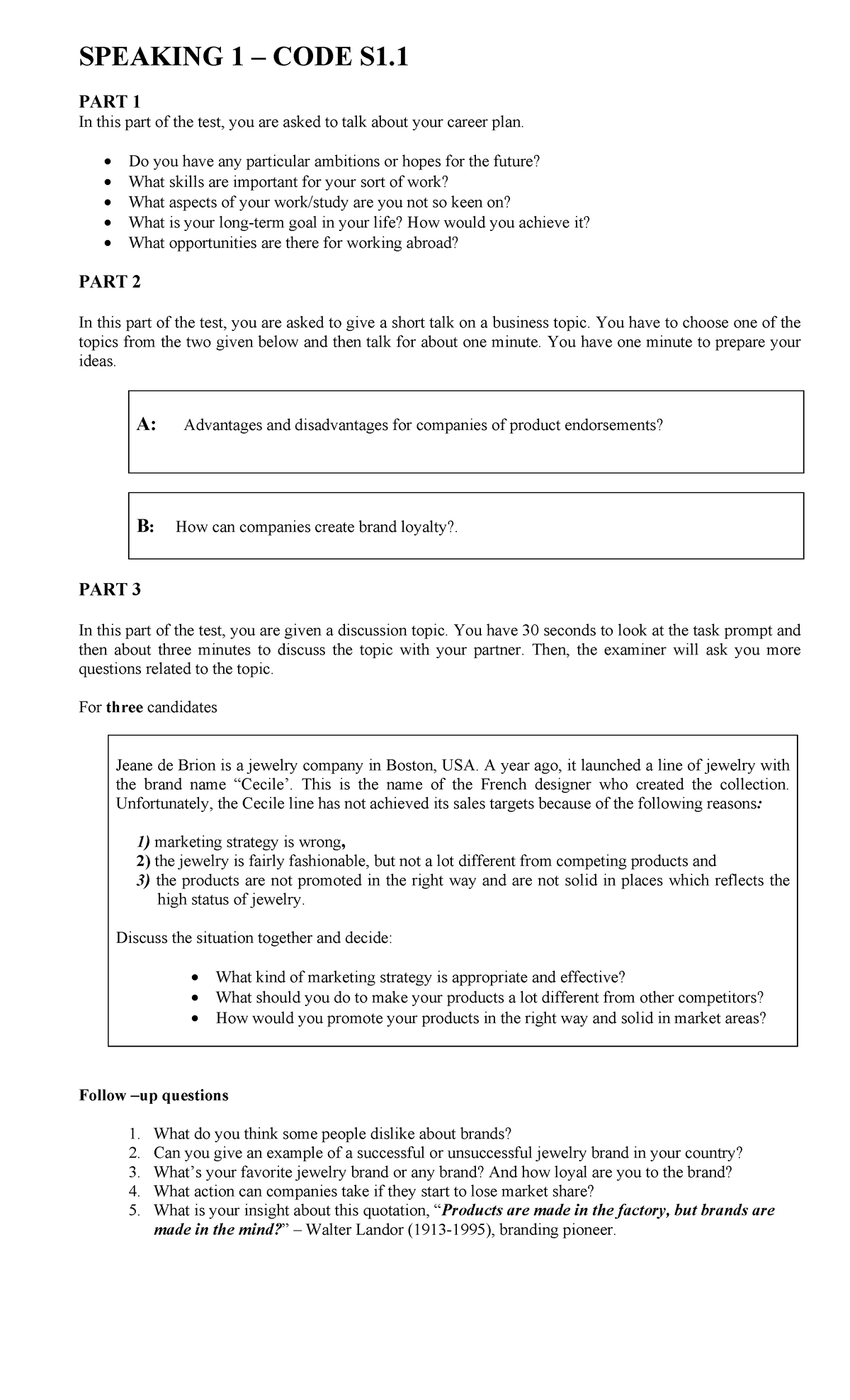 Speaking 1 Mid Term Exam U 16 PART 1 In this part of the test, you