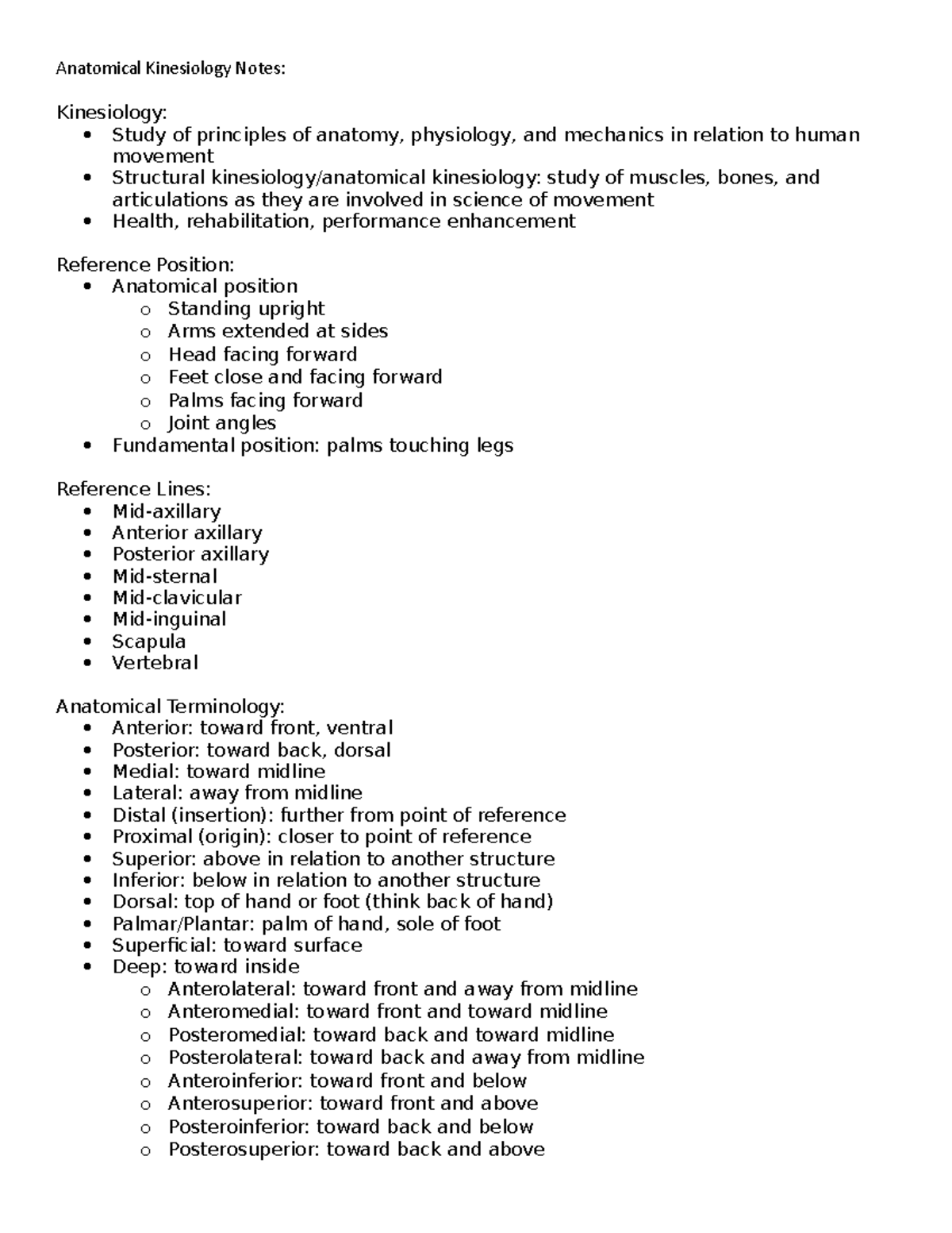 EXSC 490 Anatomical Kines Review Notes Anatomical Kinesiology Notes