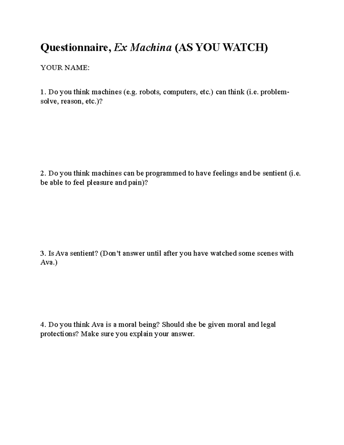 Questionnaire for Ex Machina, AS YOU Watch - Questionnaire, Ex Machina ...