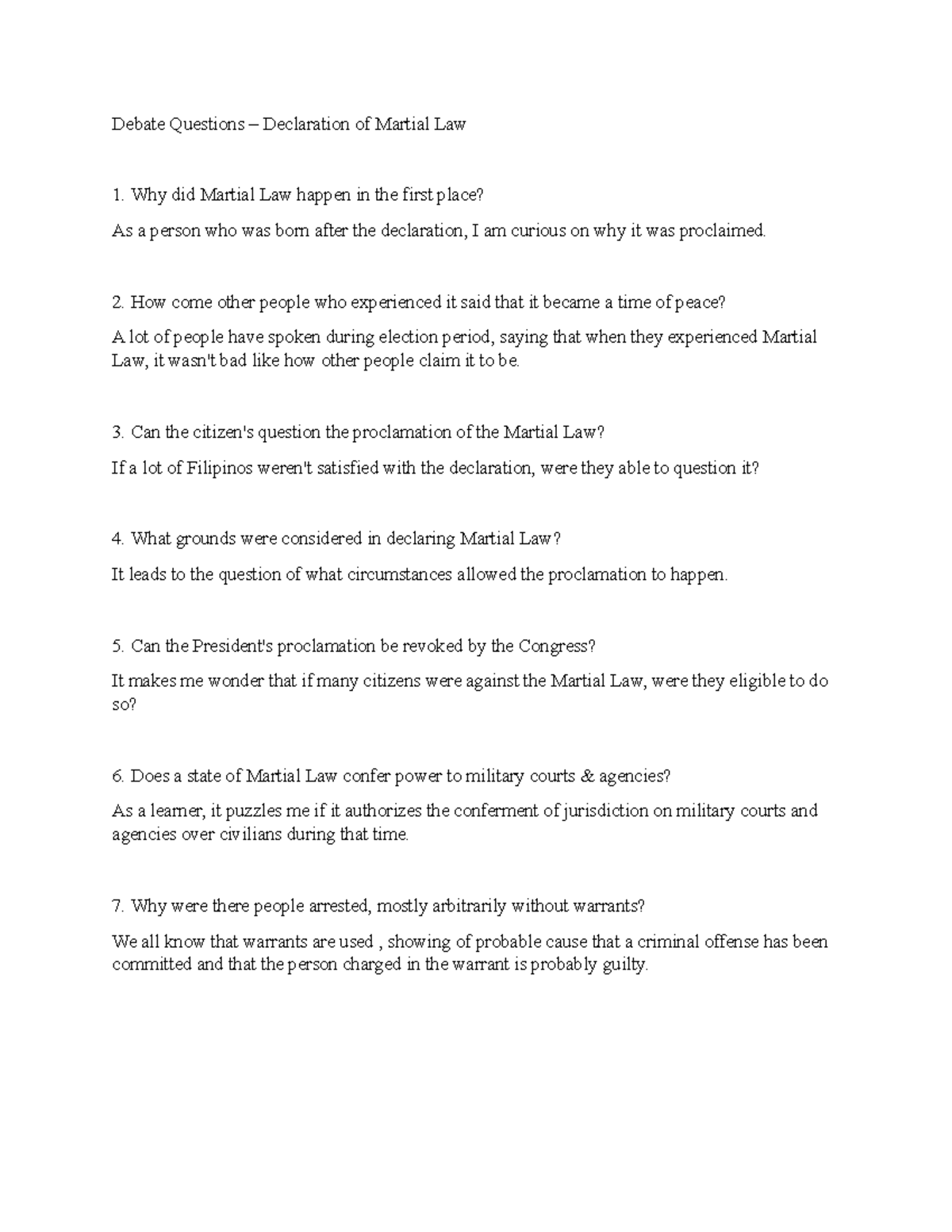 Martial Law Debate Debate Questions Declaration of Martial Law Why