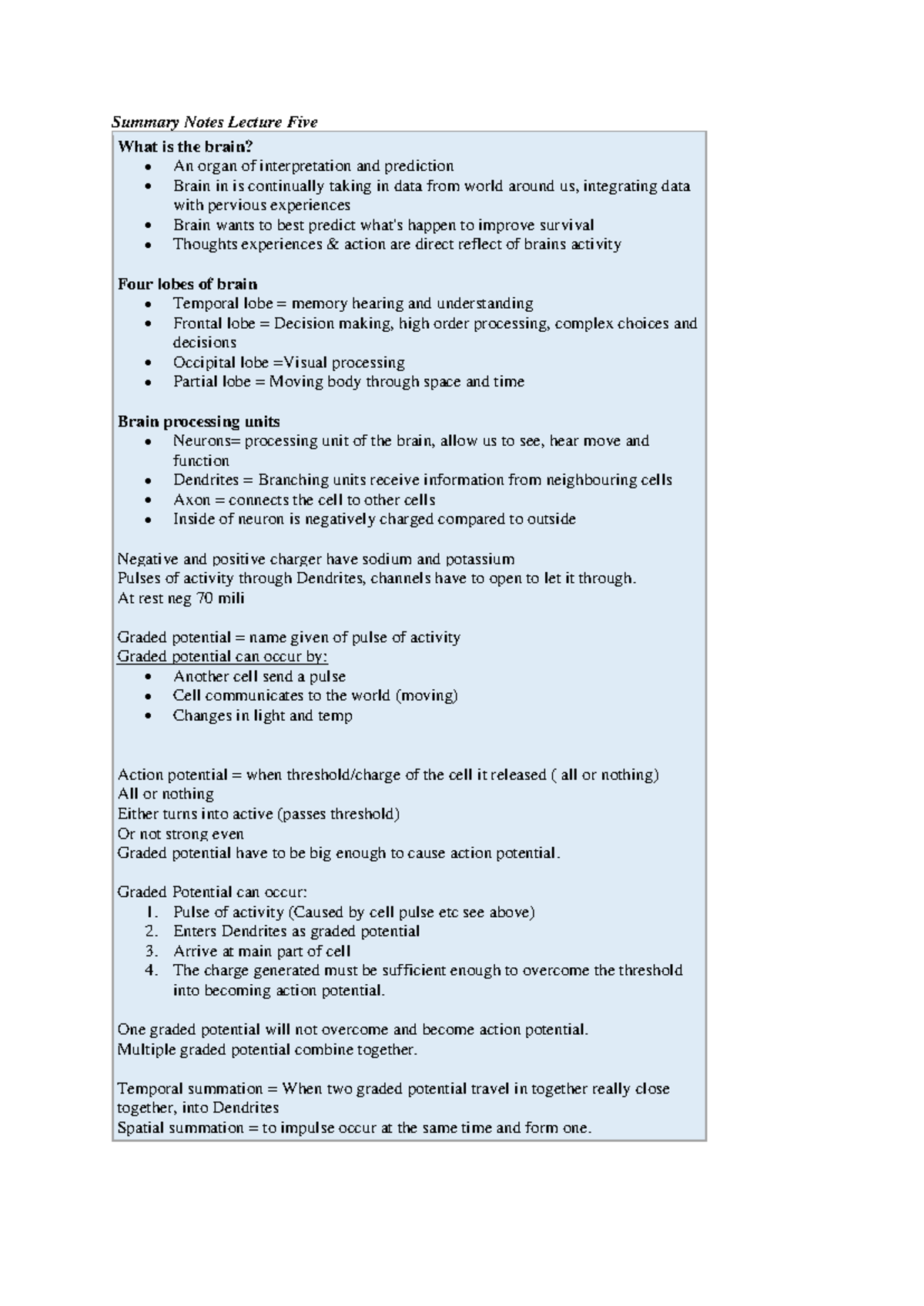 Summary Notes PSYC111 lecture 5-7 - Summary Notes Lecture Five What is ...