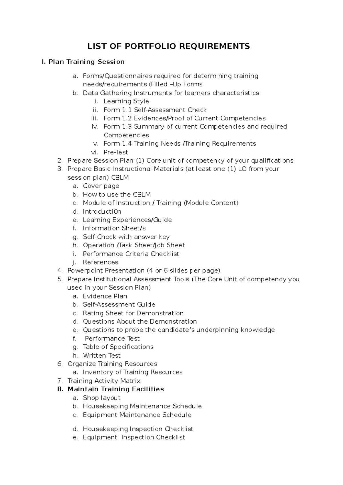 LIST OF Portfolio Requirements FOR TM 1 Training LIST OF PORTFOLIO