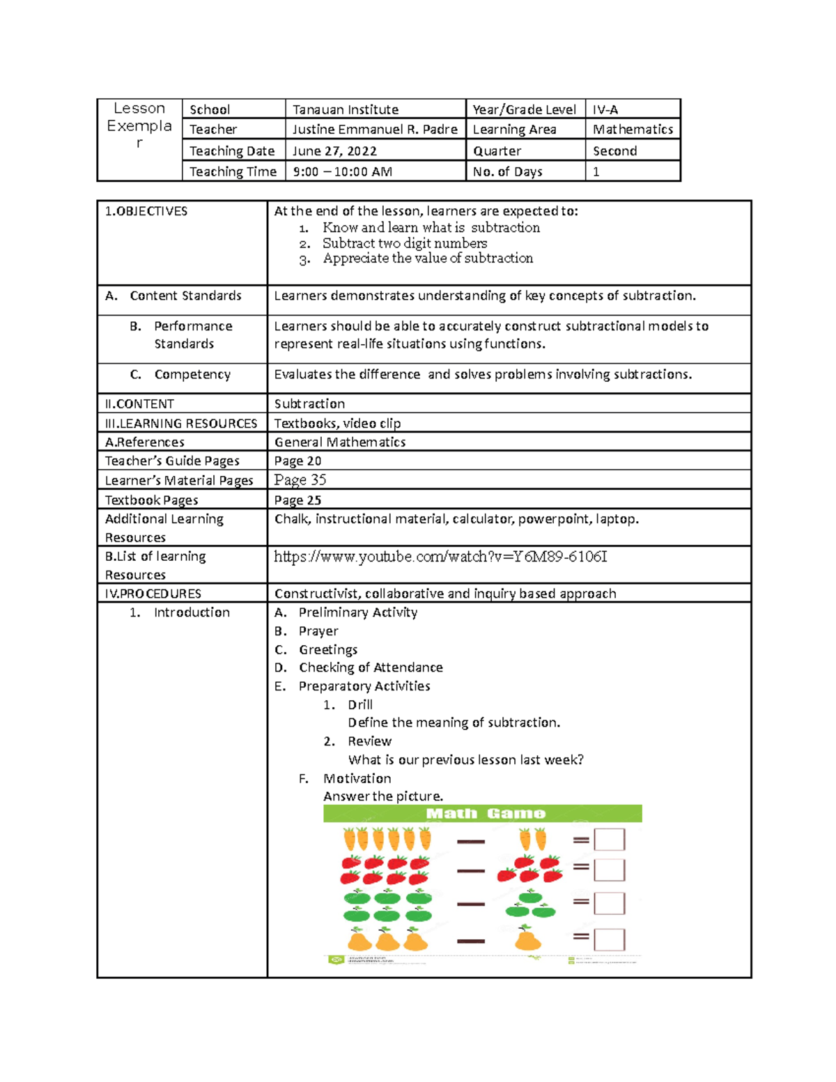 LP - Lesson Plan - Lesson Exempla r School Tanauan Institute Year/Grade ...