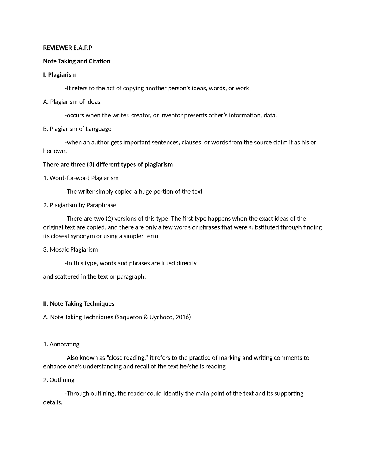 EAPP- Reviewer - REVIEWER E.A.P Note Taking and Citation I. Plagiarism ...