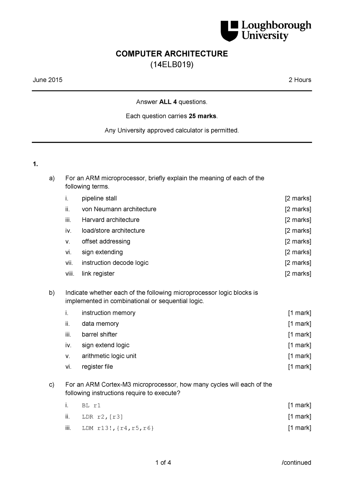 Computer Architecture Exam Questions - COMPUTER ARCHITECTURE (14ELB019 ...