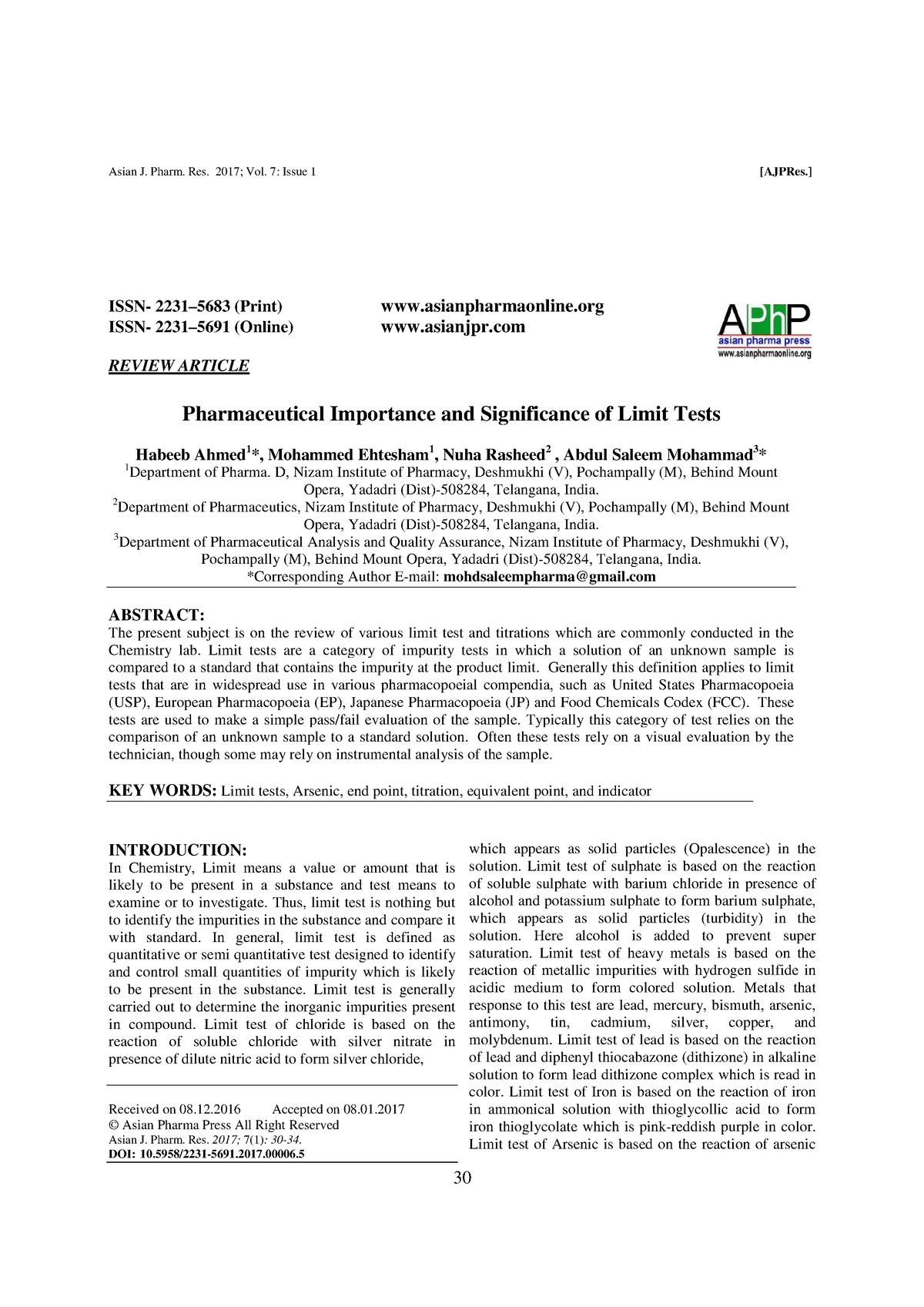 Limit TEST - ISSN- 2231–5683 (Print) Asianpharmaonline ISSN- 2231–5691 ...