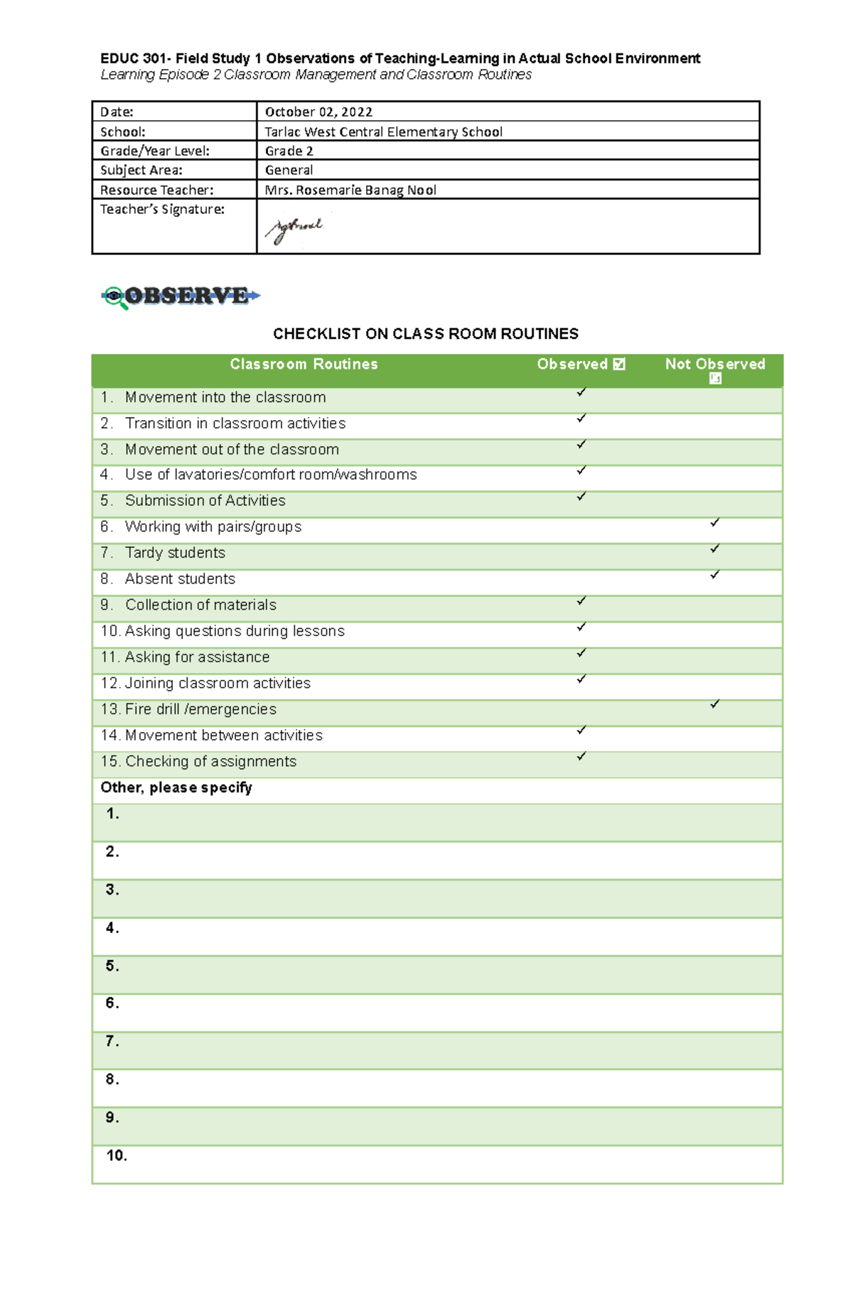 FS1LE2act1 field study Learning Episode 2 Classroom Management