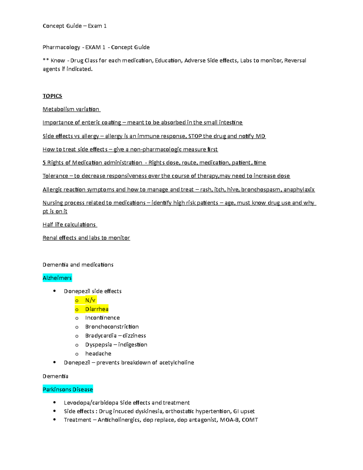 EXAM 1 keypoints - notes - Pharmacology - EXAM 1 - Concept Guide ...