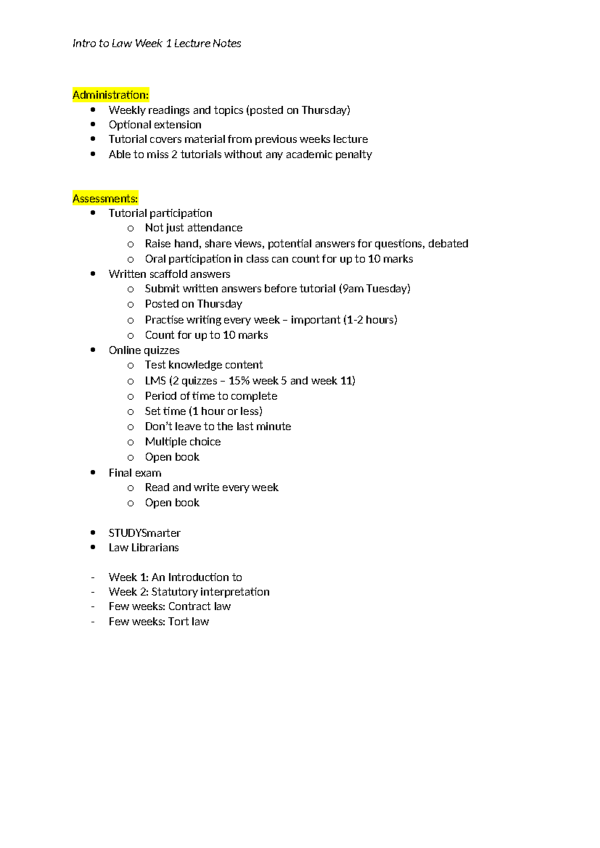 Week 1 lecture notes - Administration: Weekly readings and topics ...