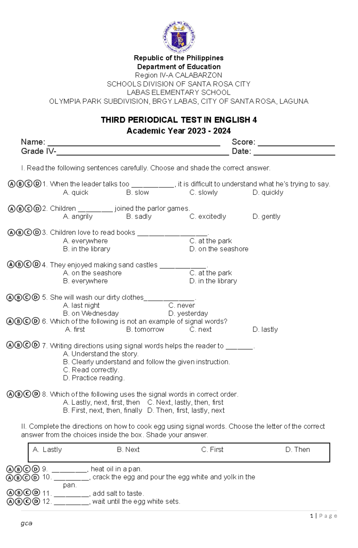 3rd Periodical Test English - Republic of the Philippines Department of ...