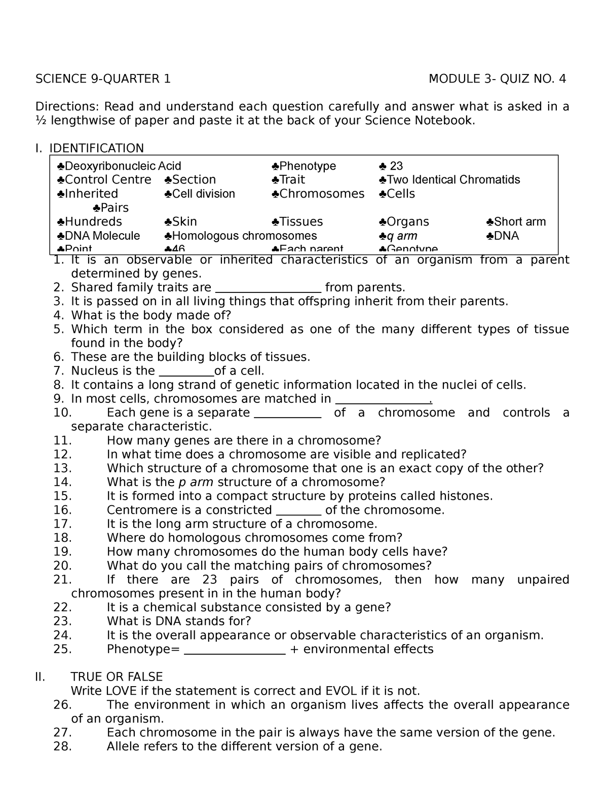 Science 9 Q1 Quiz NO 4   Quiz Handouts   SCIENCE 9 QUARTER 1 MODULE 3