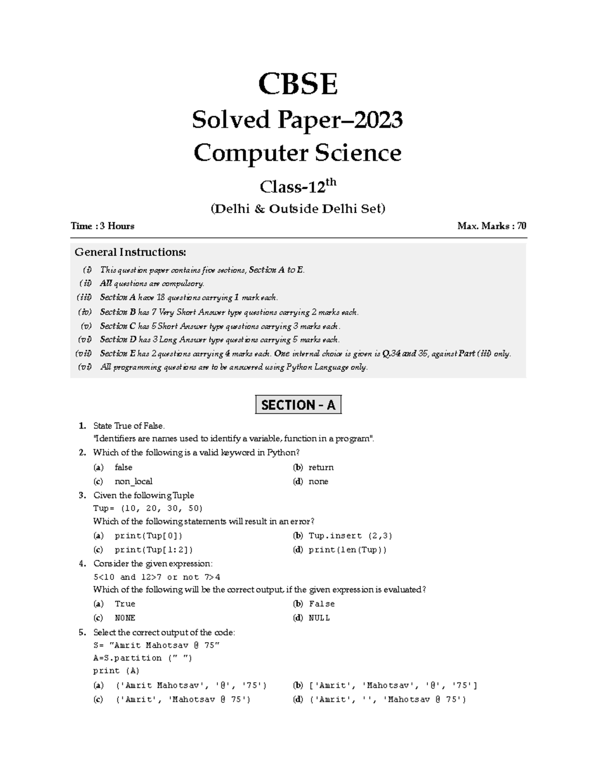 CBSE Q.B. XII Computer Science-Paper-2023 - CBSE Solved Paper– Computer ...