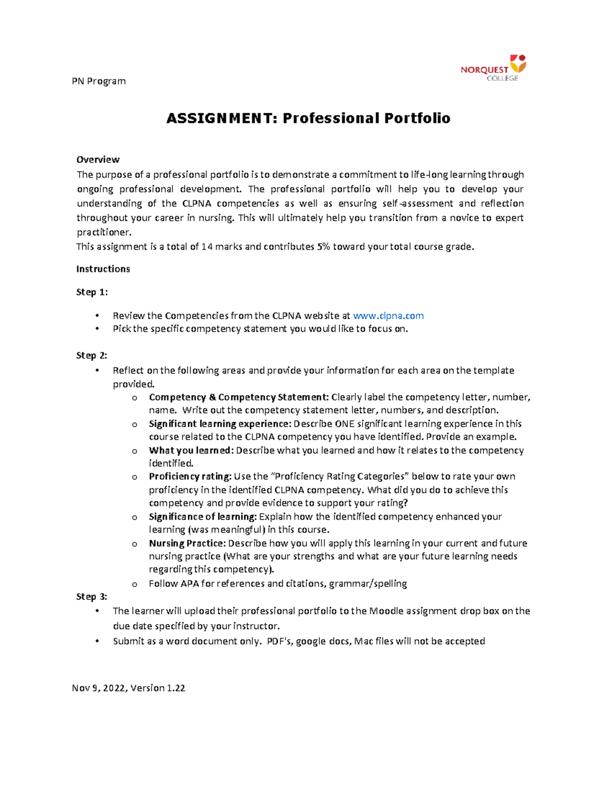 Professional Portfolio Instructions PN Program ASSIGNMENT
