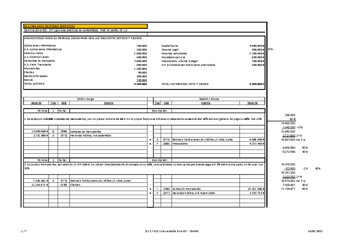 Punto 2 277 ejercicios prácticos de contabilidad . Prof. M Losilla. UNA SOCIEDAD INICIA SU