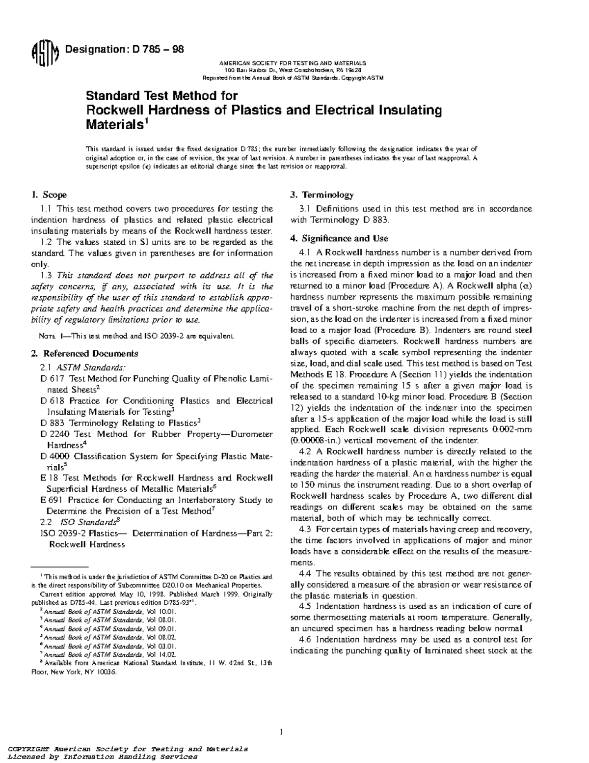 Astm D 785 98 Rockwell Hardness Of Plastics Designation D 785 98 Standard Test Method