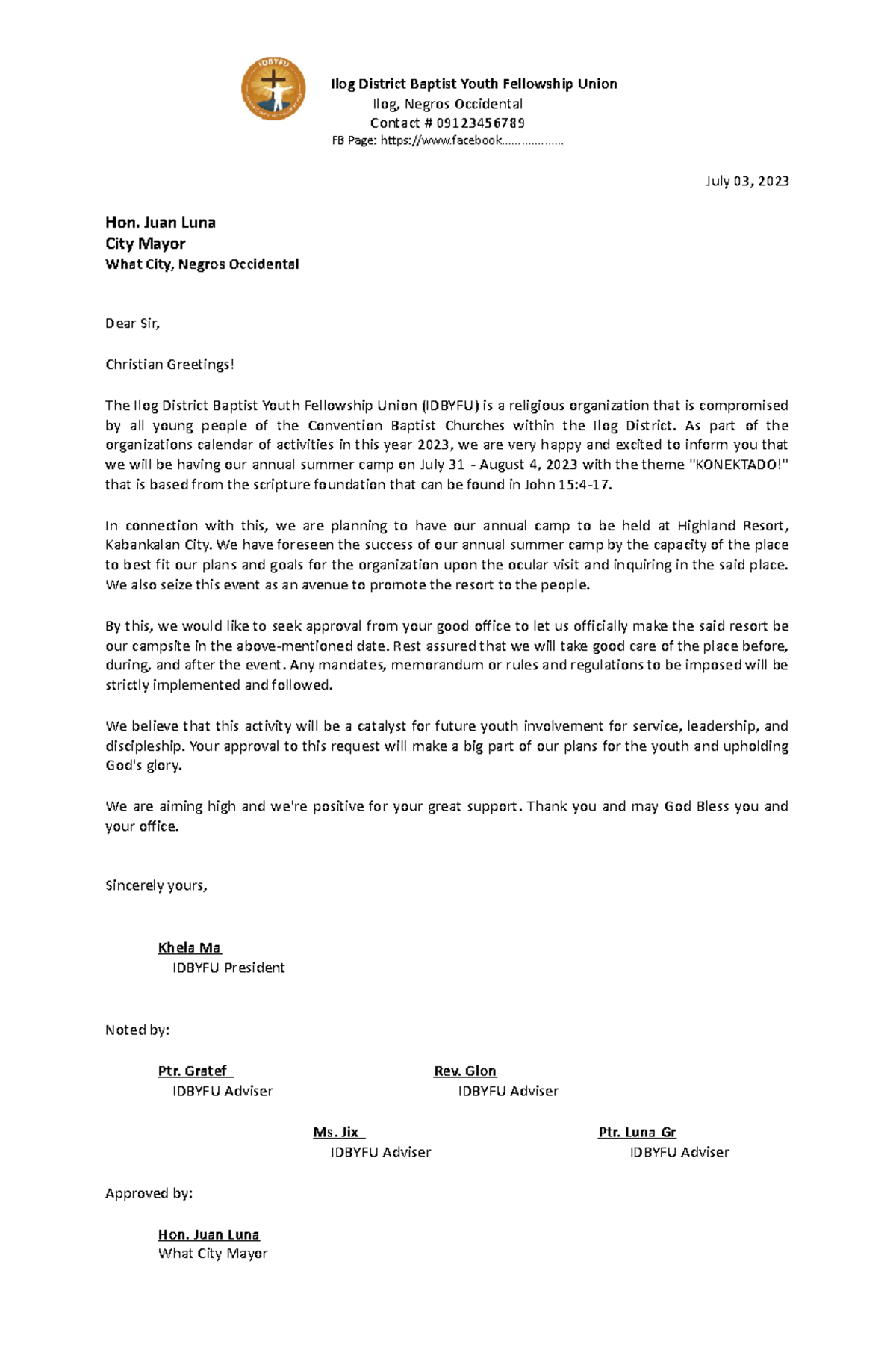 Letter of Communication to City Mayor asking for the approval of venue ...