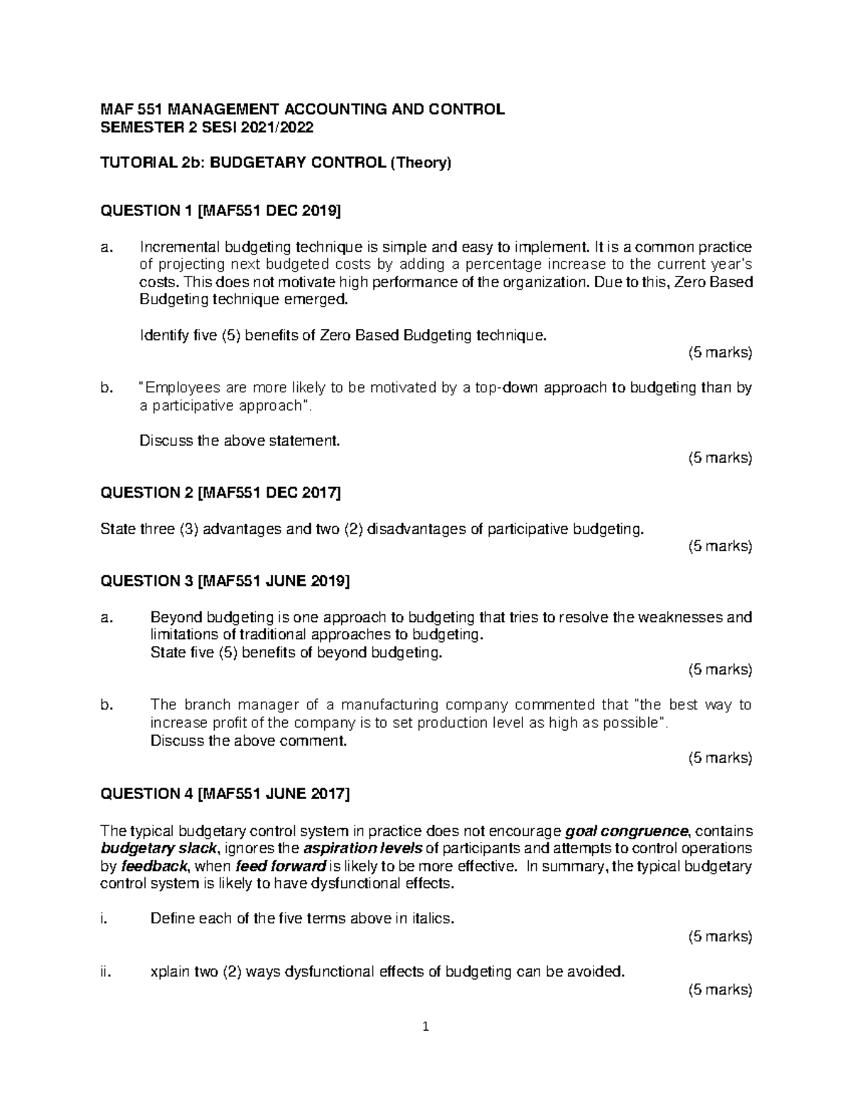 Tutorial 2b - Budgetary Control Q Theory - 1 MAF 551 MANAGEMENT ...