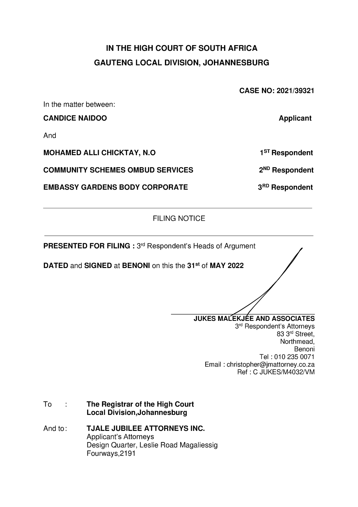 Third Respondent's Heads of Argument - IN THE HIGH COURT OF SOUTH ...