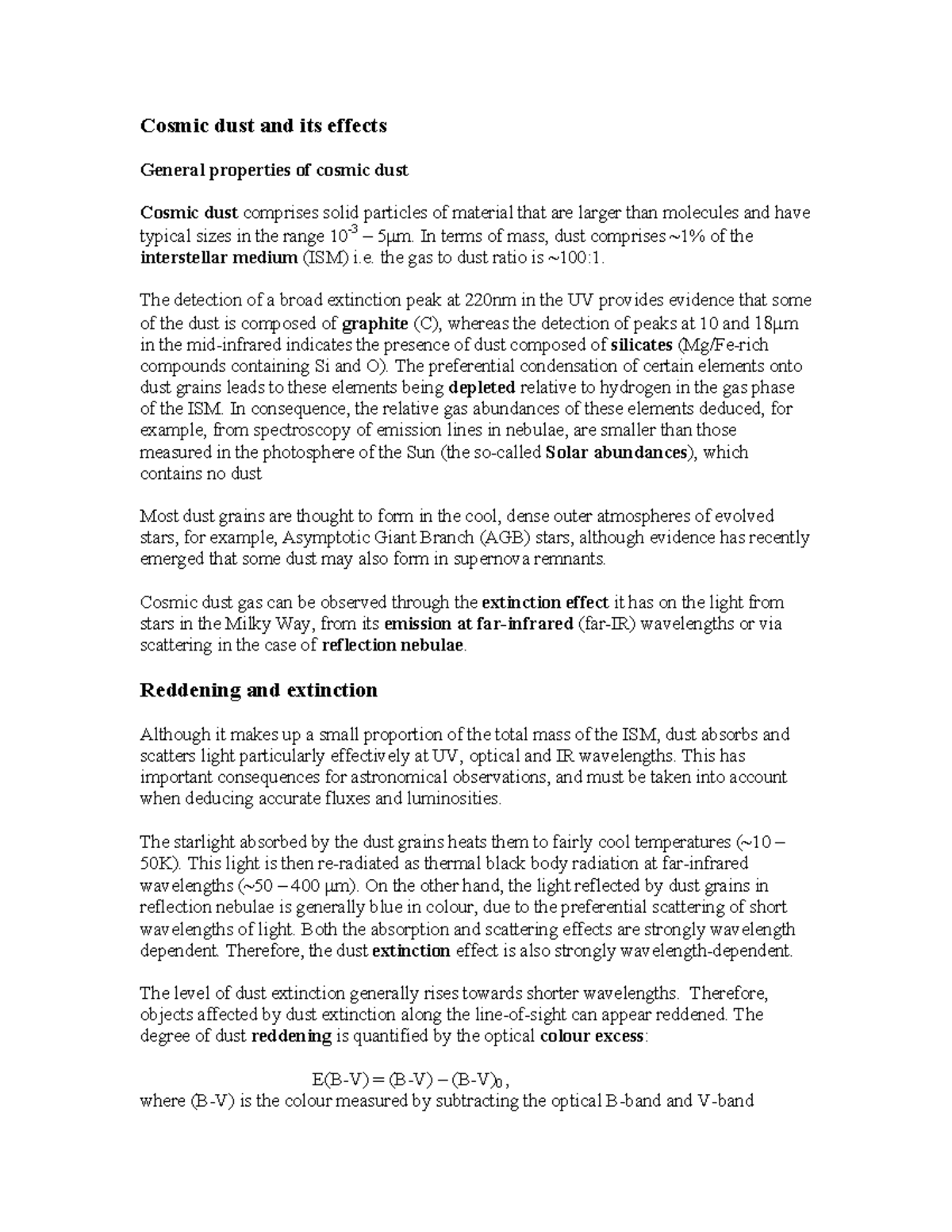 PHY216 L3 dust summary Lecture Notes Cosmic dust and its effects