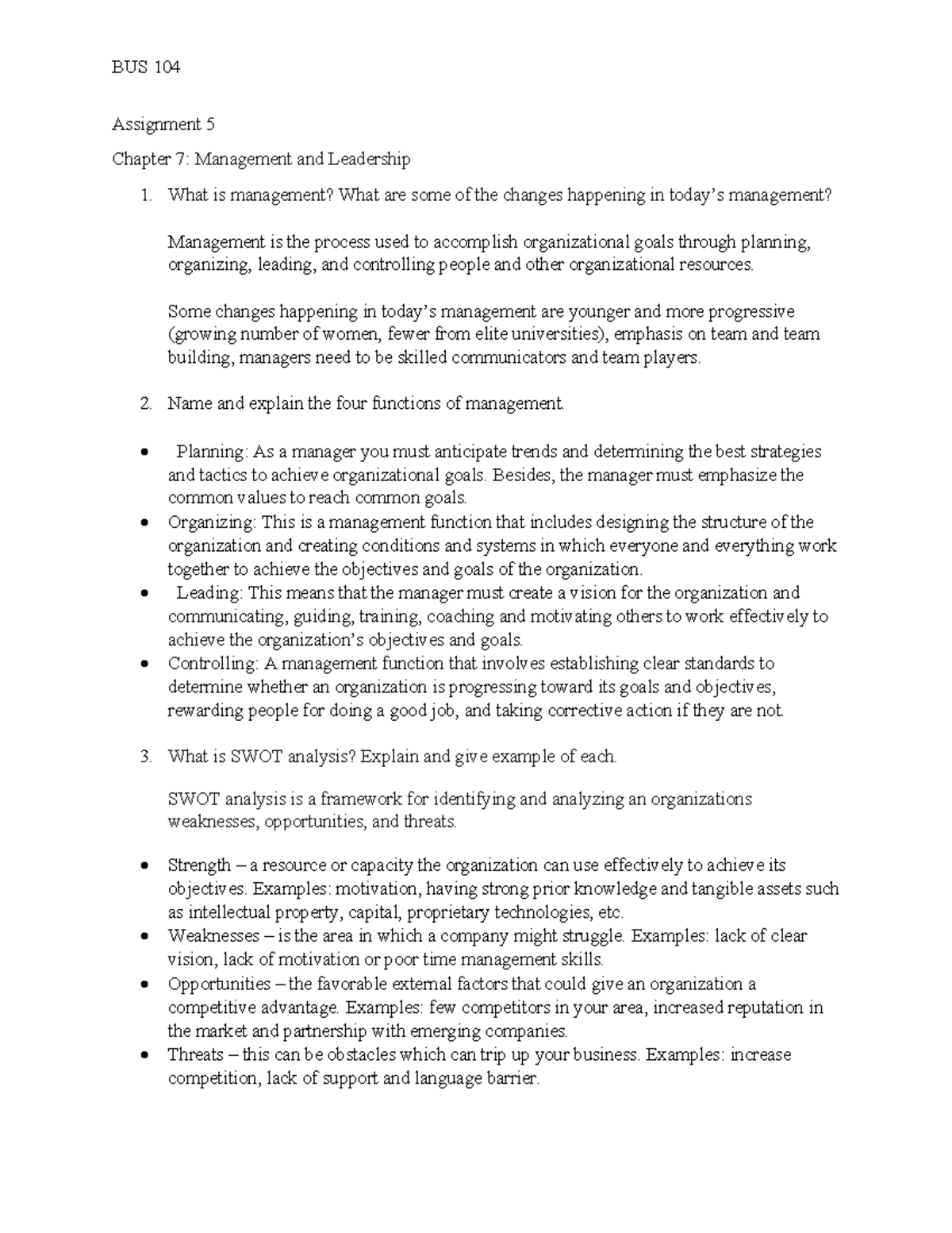 Chapter 7 AND 8 - Assignment 5 Chapter 7: Management And Leadership ...