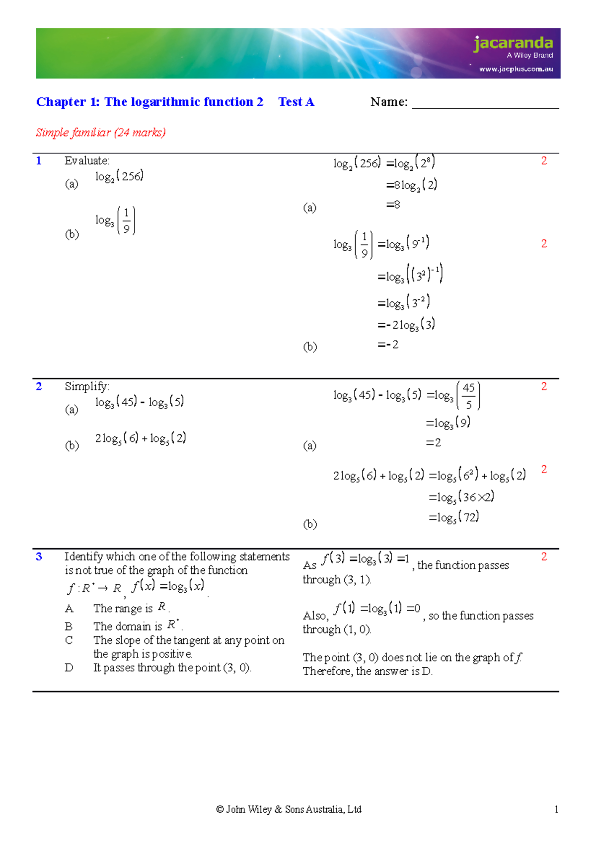 Chapter 1 practice test solutions - Chapter 1: The logarithmic function ...