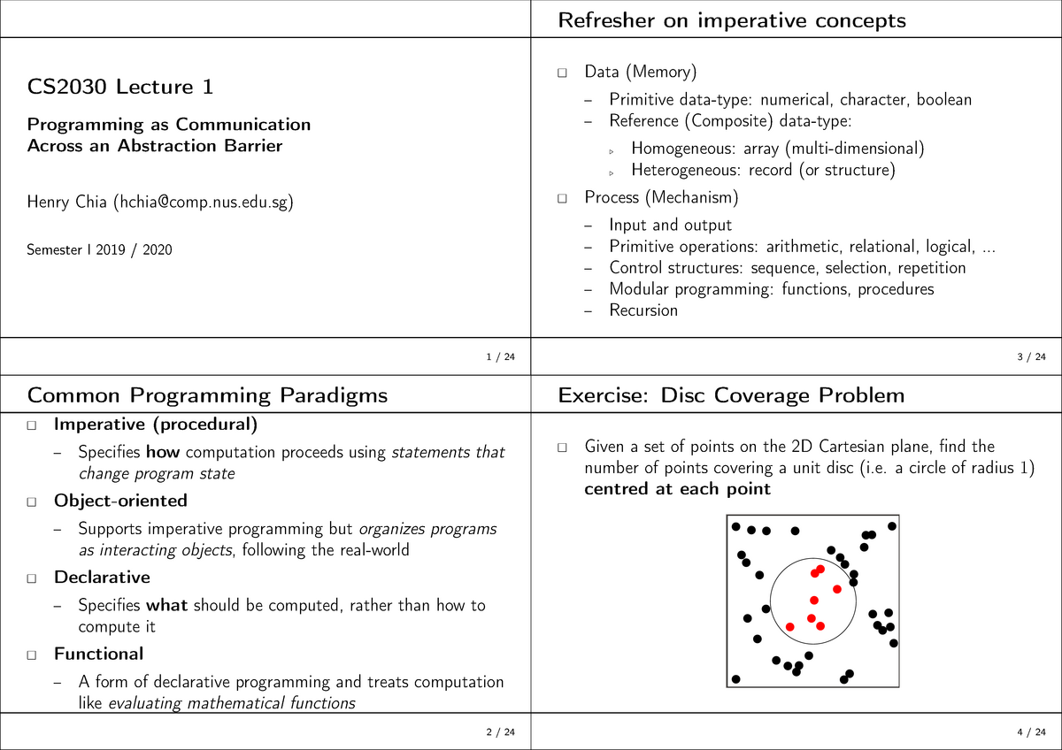 Lecture 01 4on1 - Lec1 - 1 / 24 CS2030 Lecture 1 Programming As ...