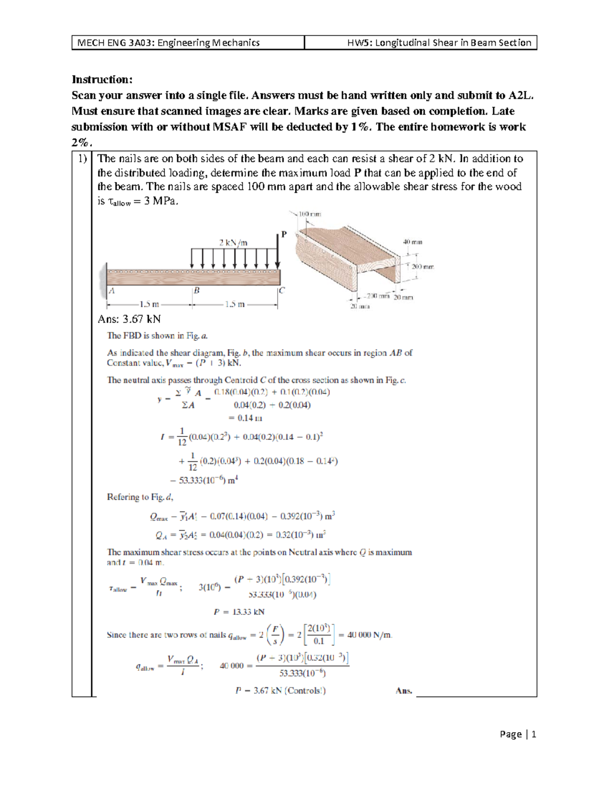 HW05 Longitudinal Shear Beam Section Solution Instruction Scan your answer into a single file