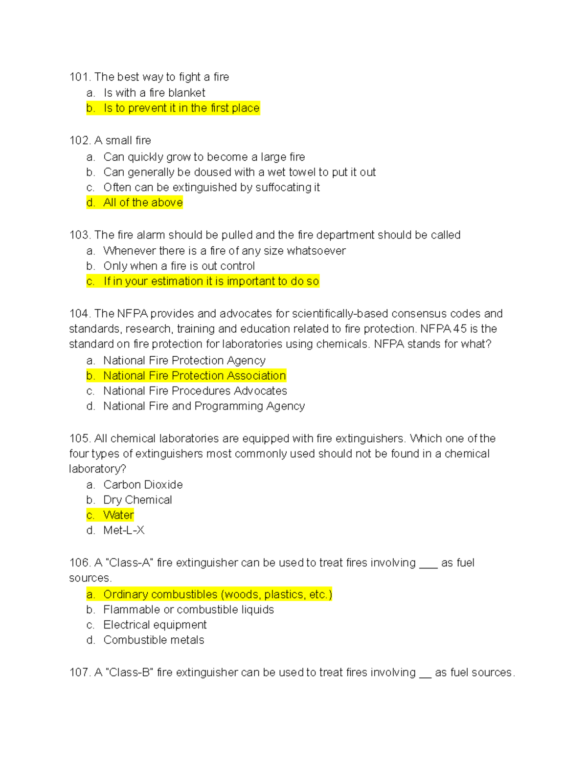 Chemistry Safety QUIZ 101-110 - The best way to fight a fire a. Is with ...