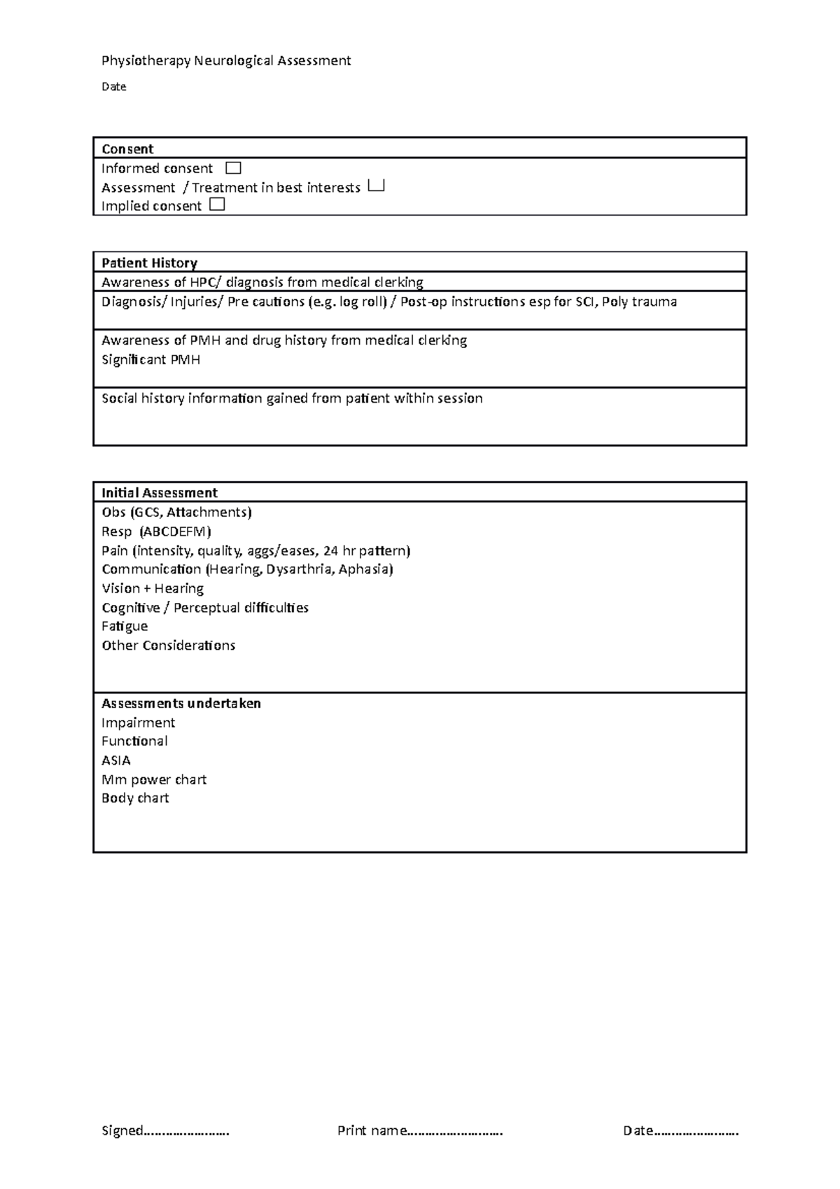 Physiotherapy Neurological Assessment - Date Consent Informed consent ...