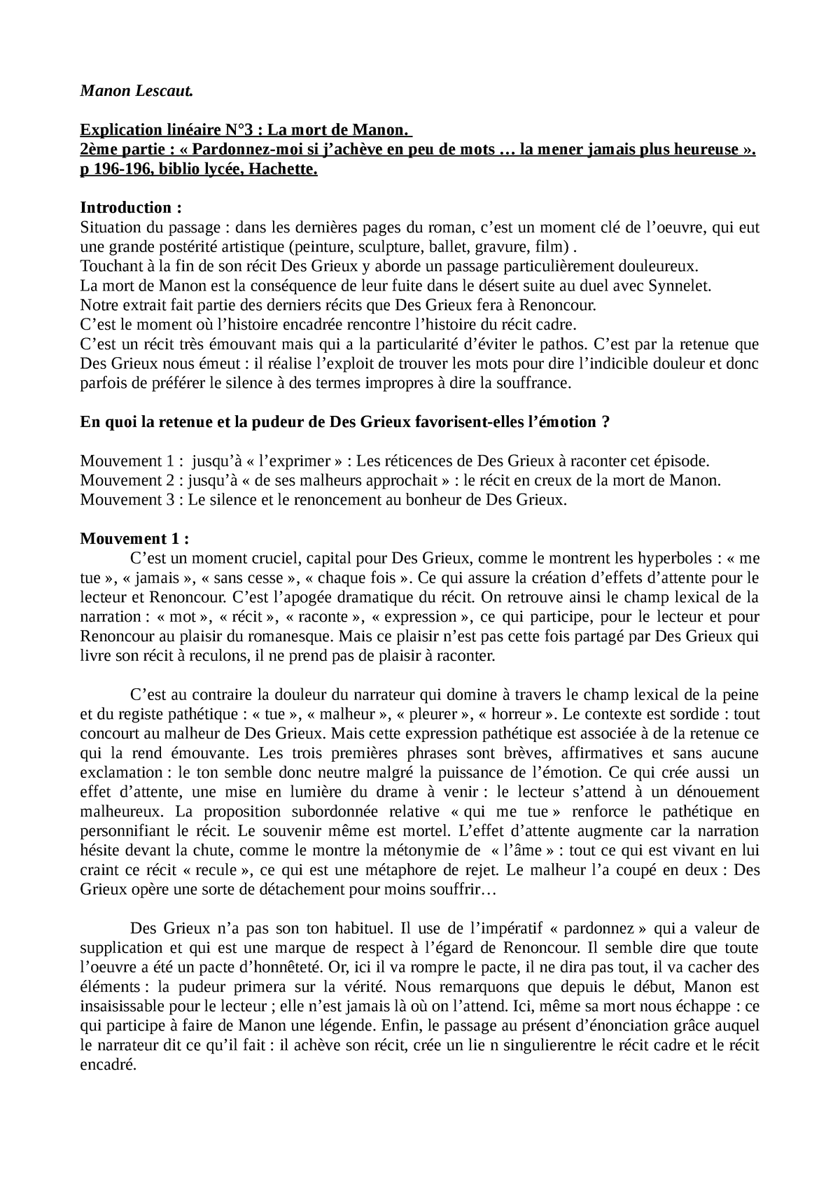 exemple de plan dissertation manon lescaut