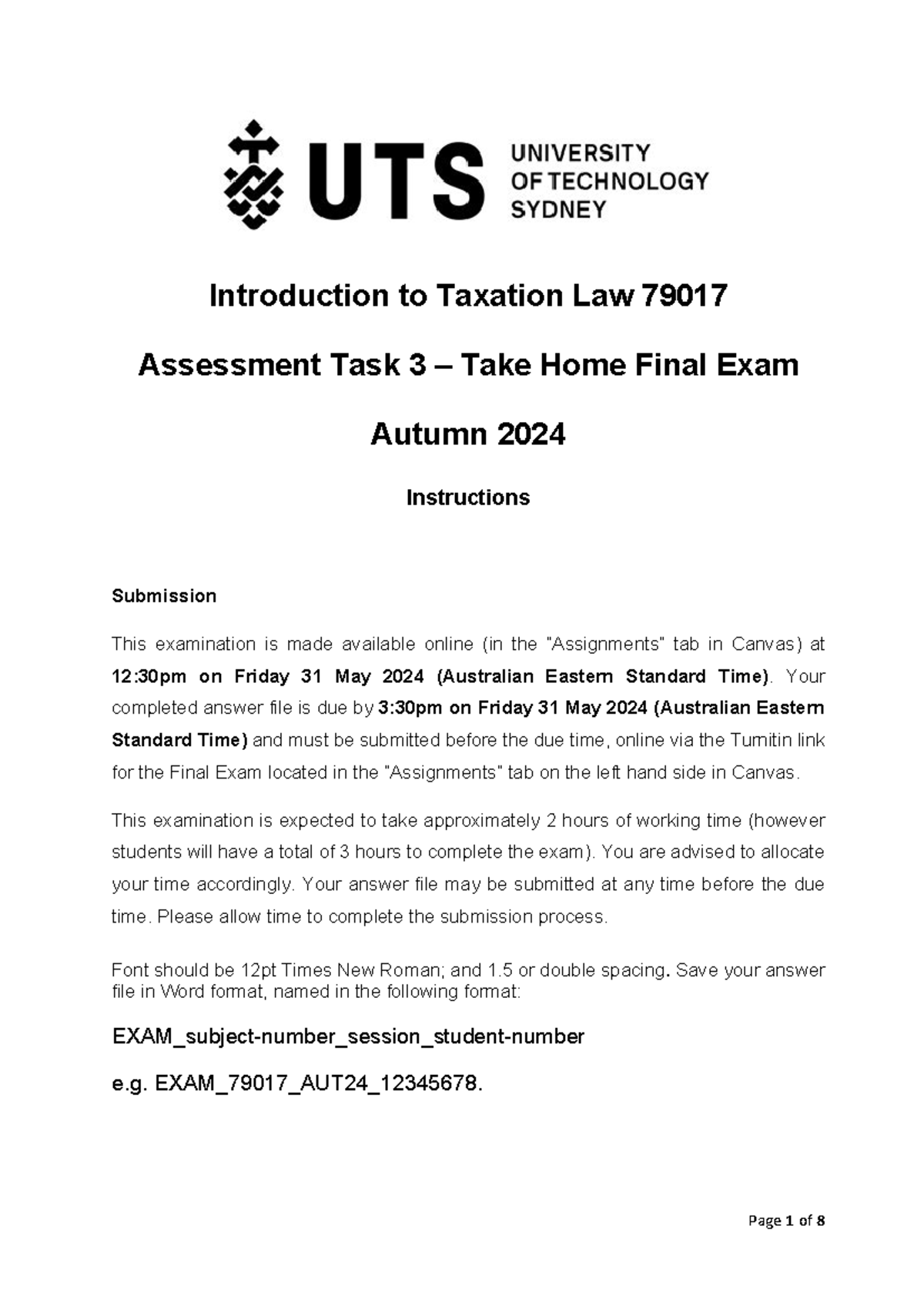 Tax law exam - exam - Introduction to Taxation Law 79017 Assessment ...