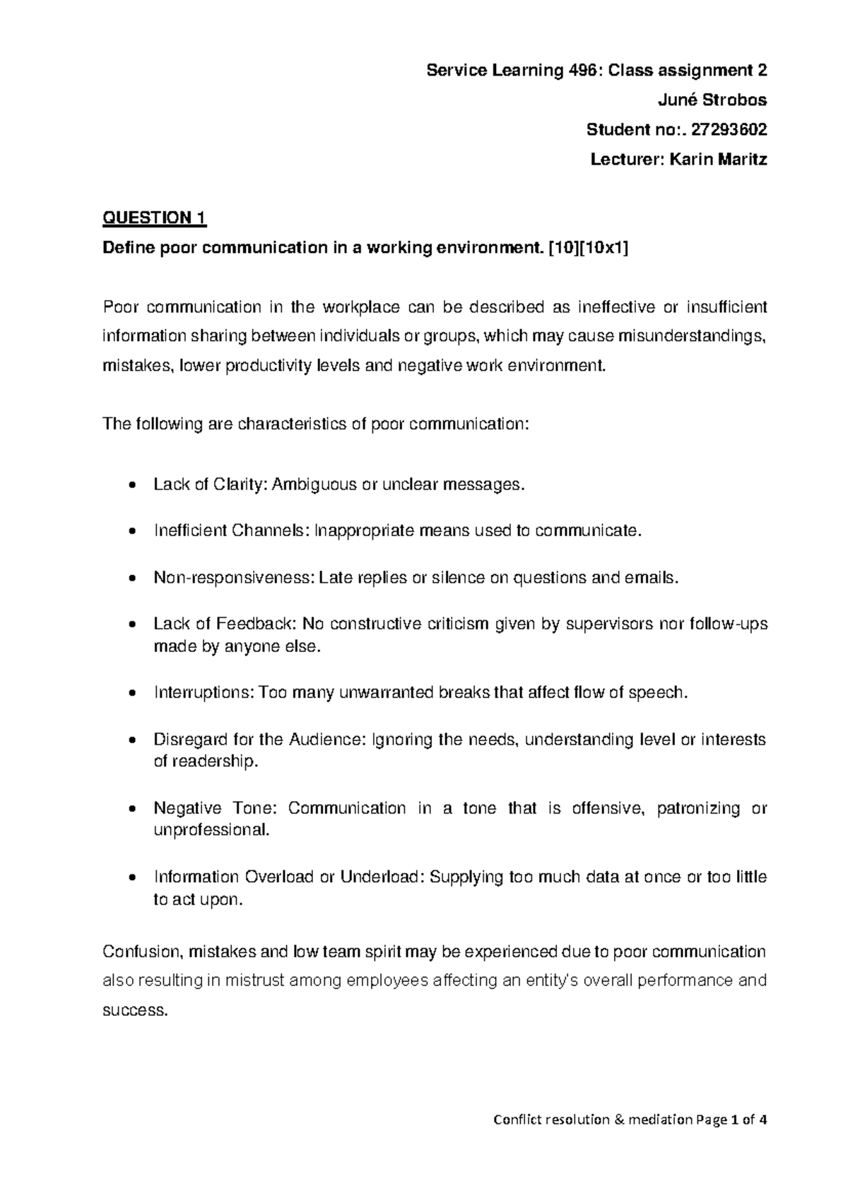 Conflict resolution assignment - Service Learning 496: Class assignment ...
