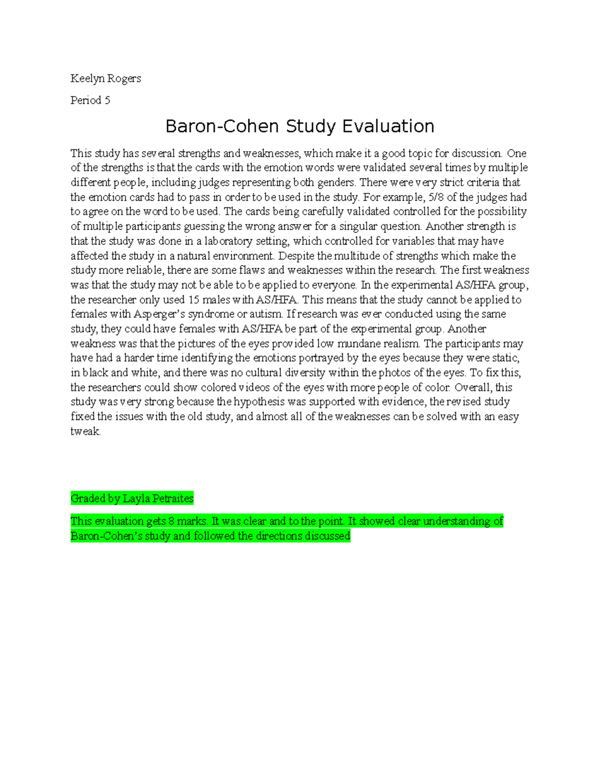 BaronCohen Evaluation Keelyn Rogers Period 5 BaronCohen Study