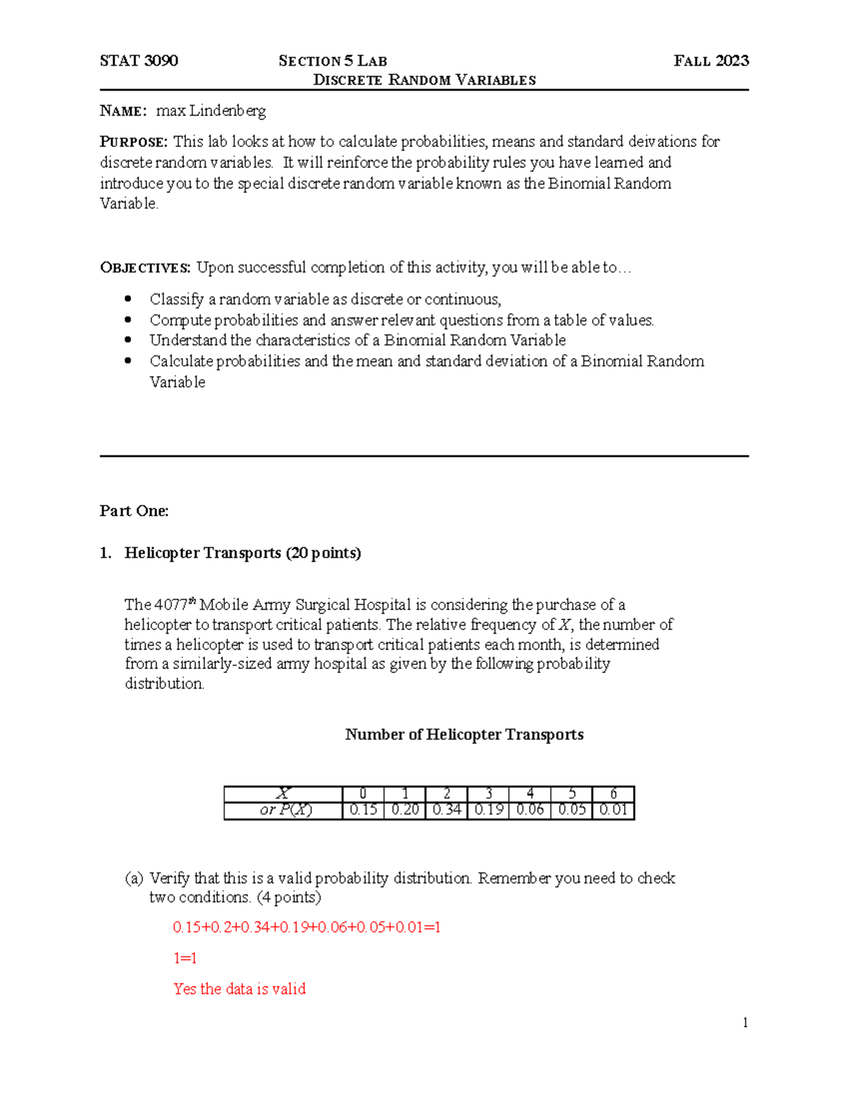 Lab 5 docu - notes - DISCRETE RANDOM VARIABLES NAME: max Lindenberg ...