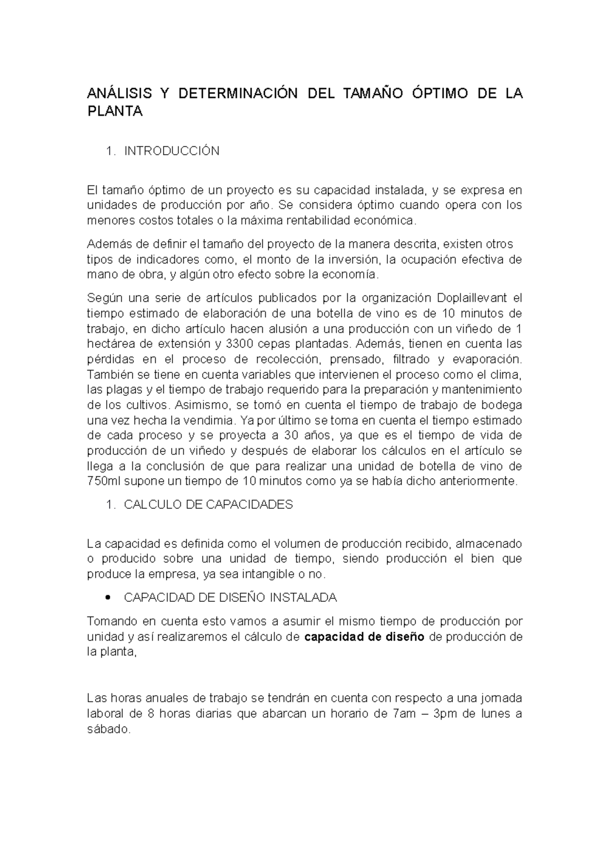 Análisis Y Determinación DEL Tamaño Óptimo DE LA Planta - ANÁLISIS Y ...