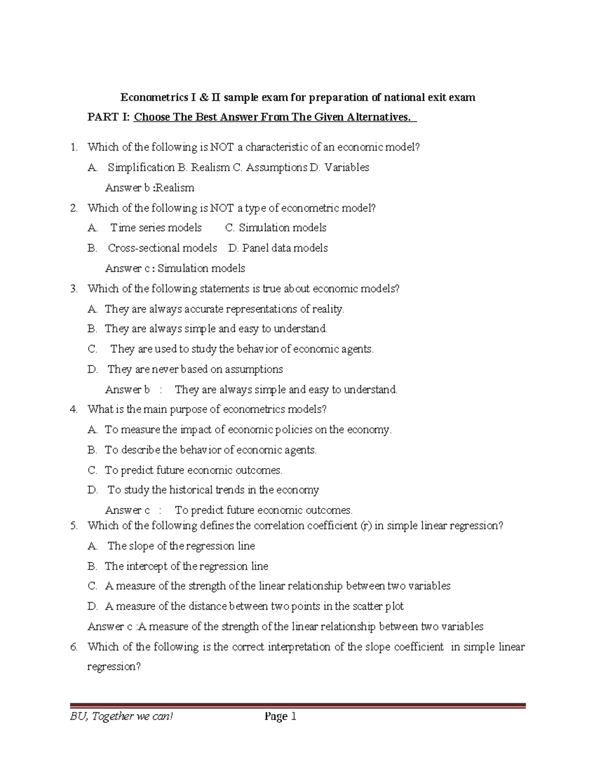 Econometrics model exam - Econometrics I & II sample exam for ...