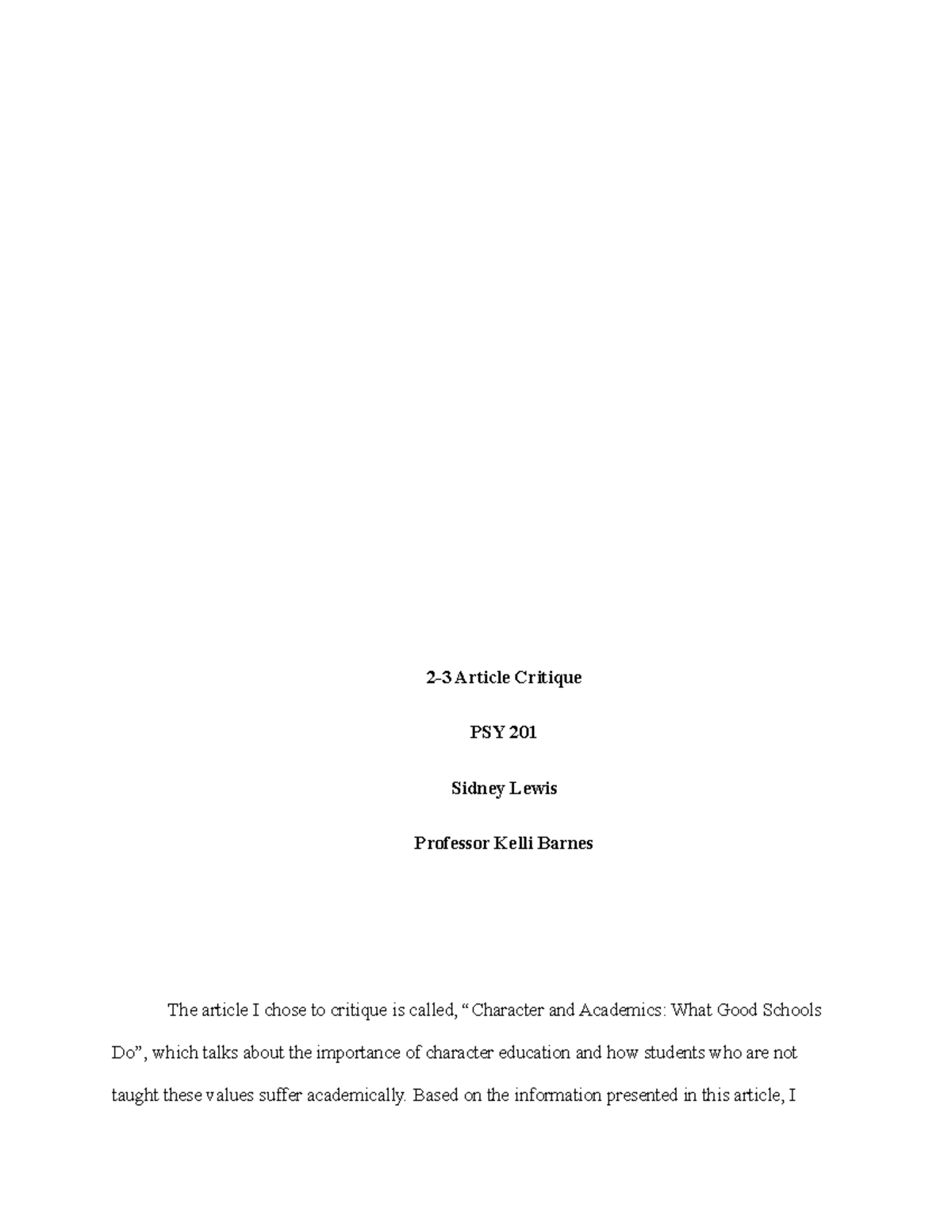 2-3 PSY 201 Article Critique - 2-3 Article Critique PSY 201 Sidney ...