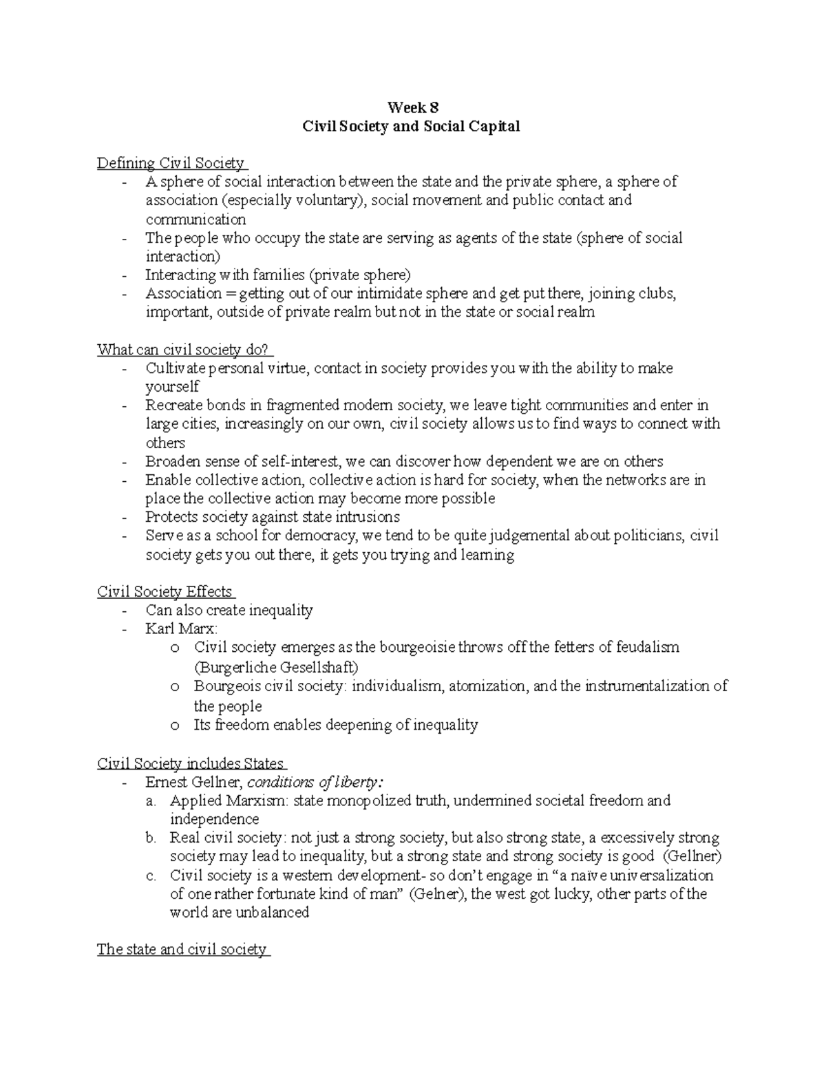 Week 8 - week 8 lecture notes on civil society - Week 8 Civil Society ...