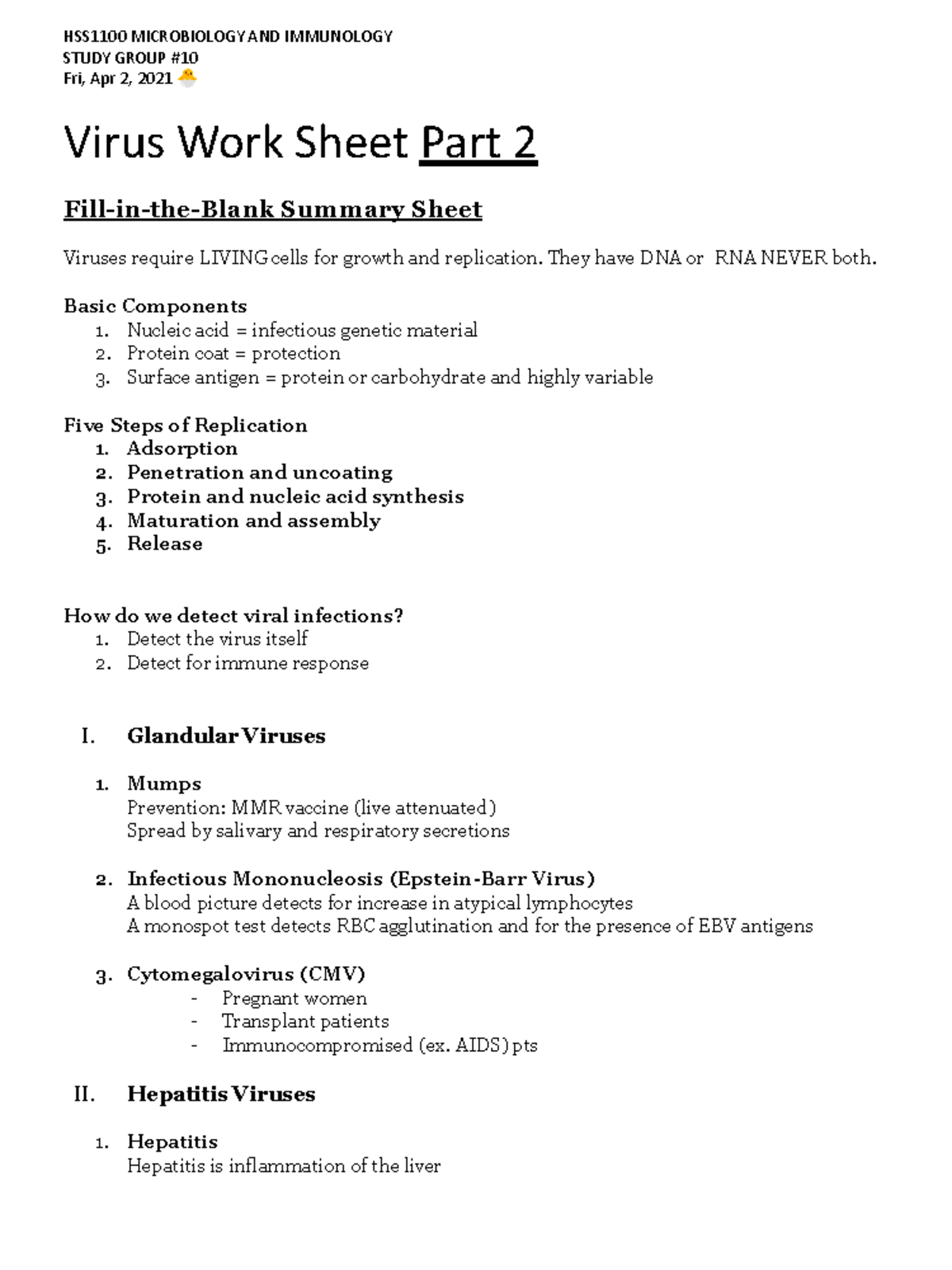 Virus Worksheet Part 2 Answer KEY for study group STUDY GROUP Fri