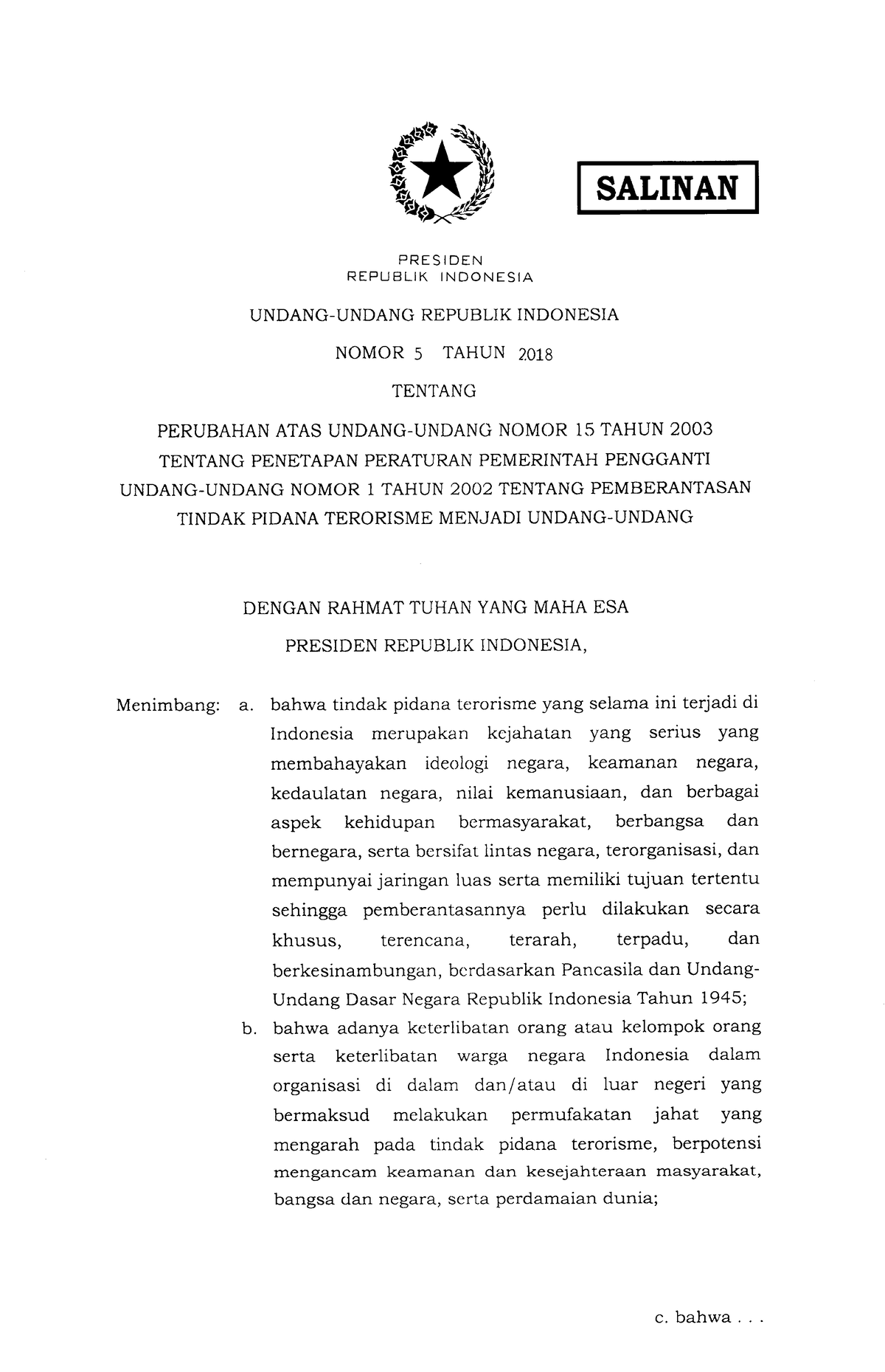 UU Nomor 5 Tahun 2018 - SALINAN PRES I DEN REPUBLIK INDONESIA UNDANG ...